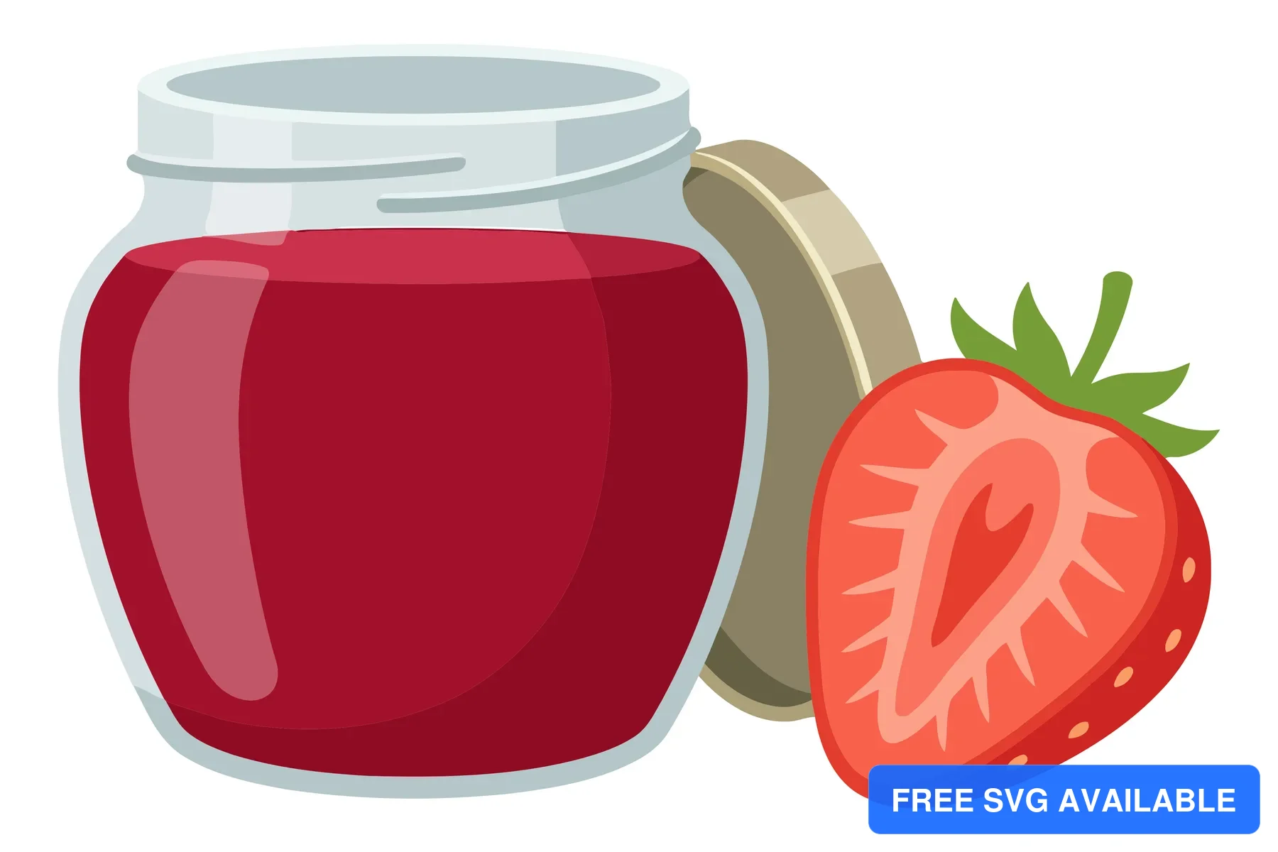 vector illustration of a glass jar filled with delicious strawberry jam next to a fresh halved strawberry, perfect for food packaging, label
