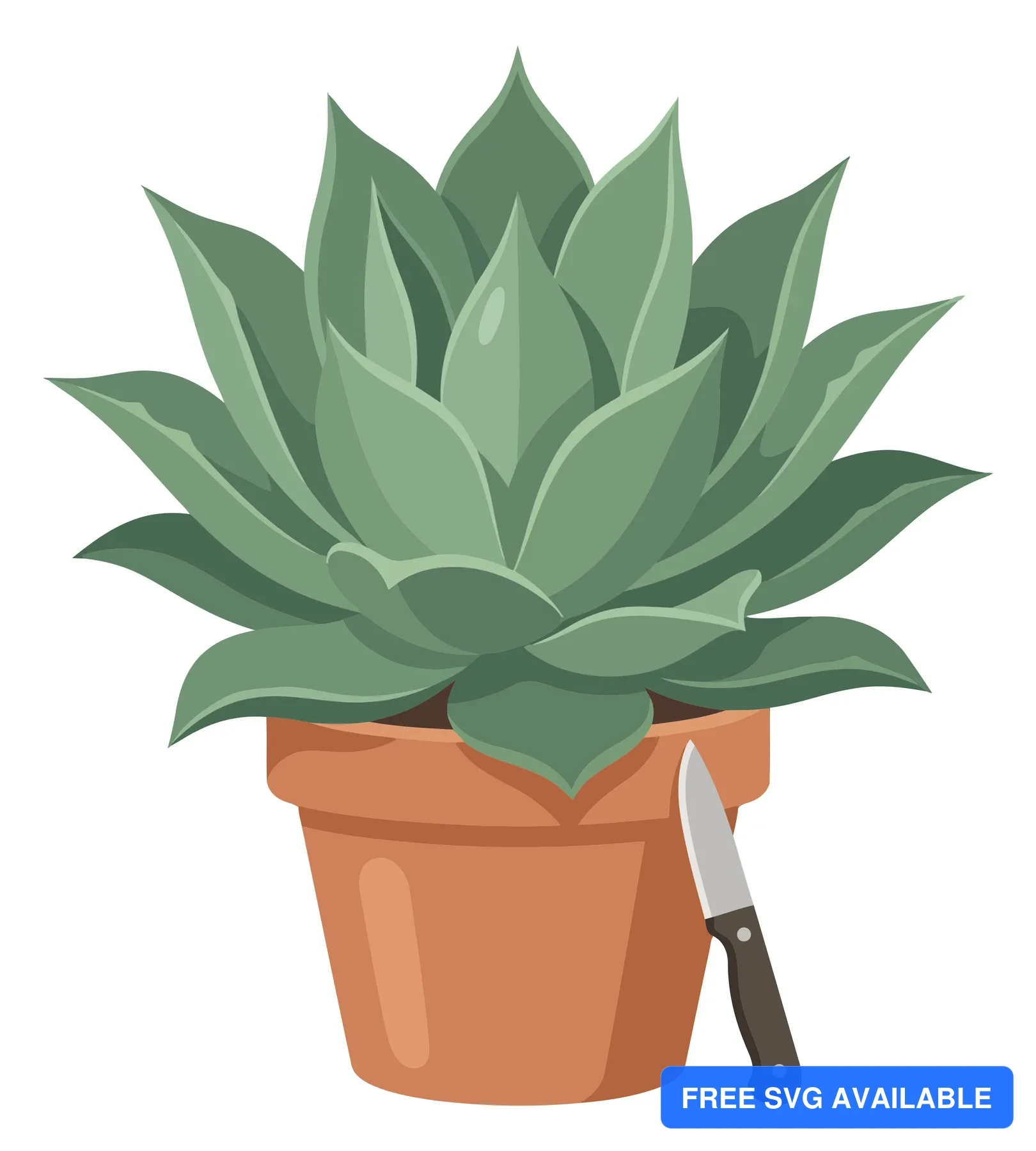 vector illustration of a green succulent plant in a terracotta pot with a small paring knife placed next to it, isolated on white background