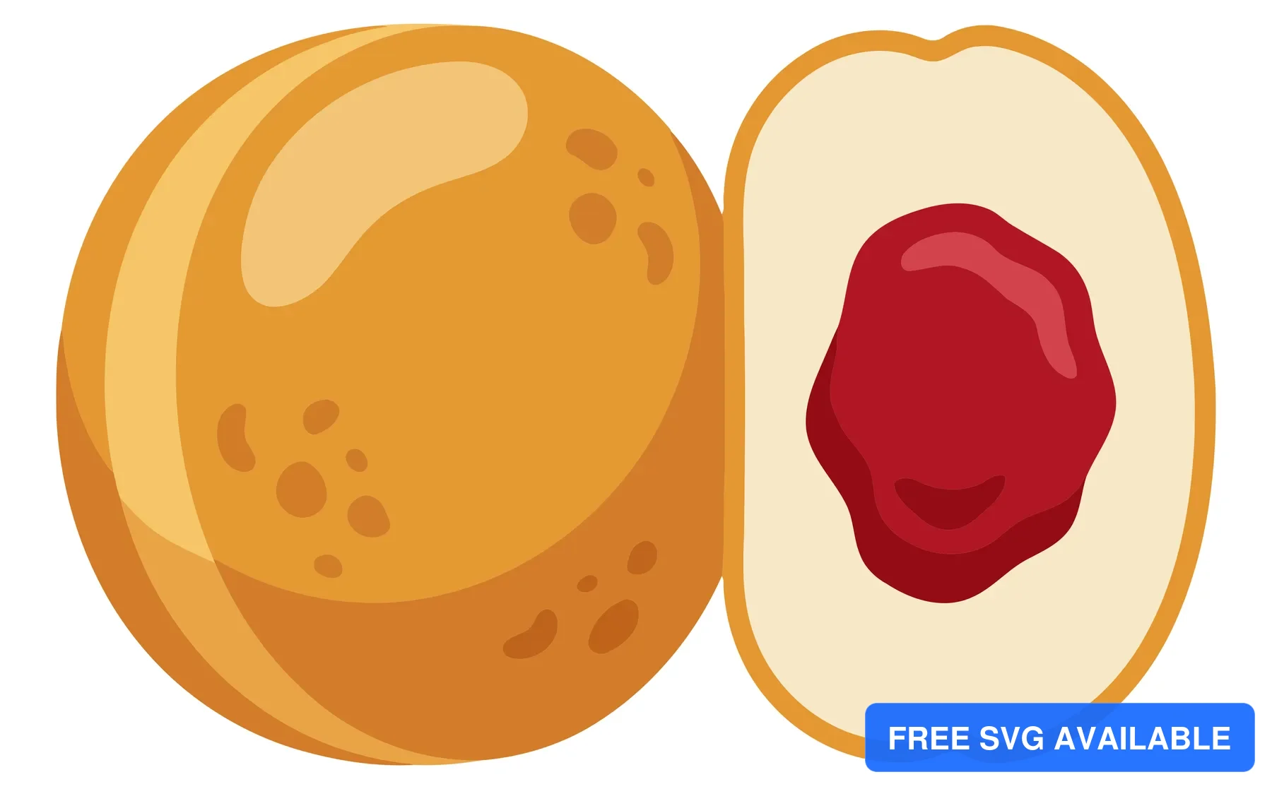 vector illustration of a whole round jellyfilled doughnut next to a crosssection half showing the red fruit jam filling inside, isolated on
