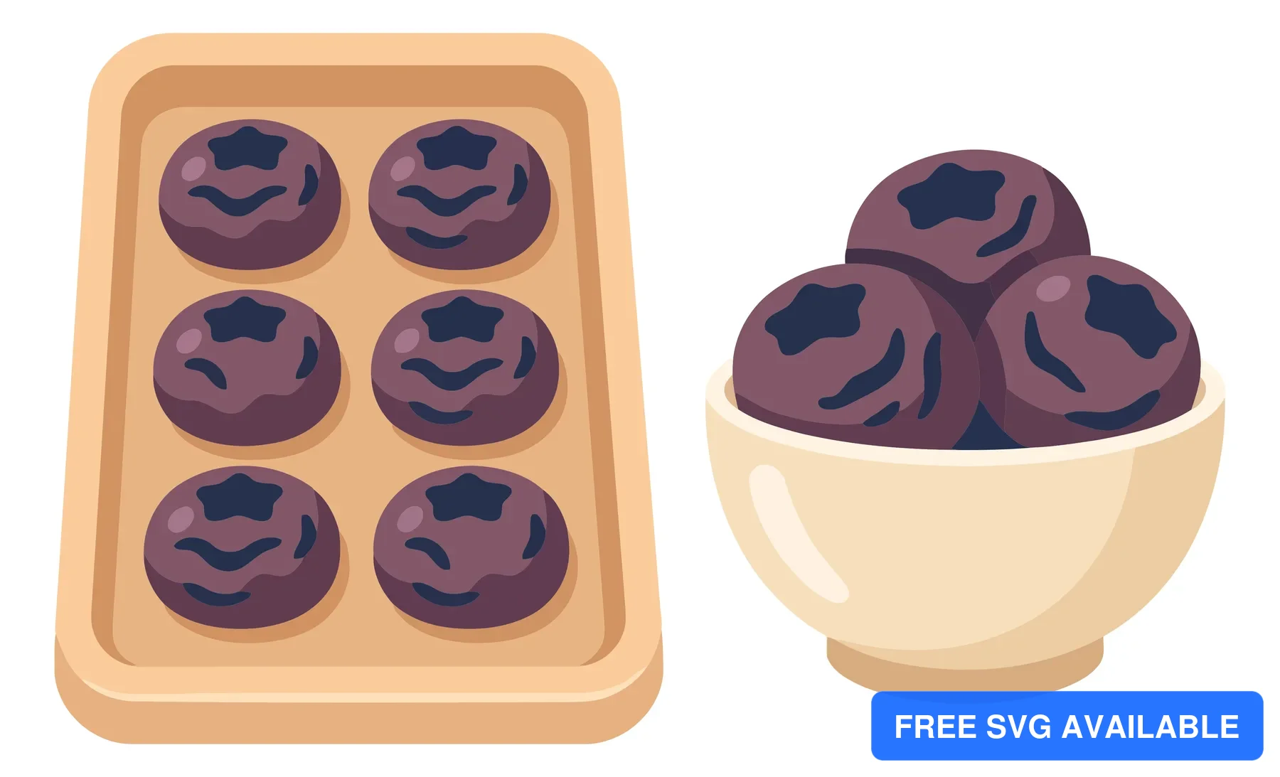 vector illustration of dark purple round dried fruits or plums on a wooden tray and in a bowl isolated on white background