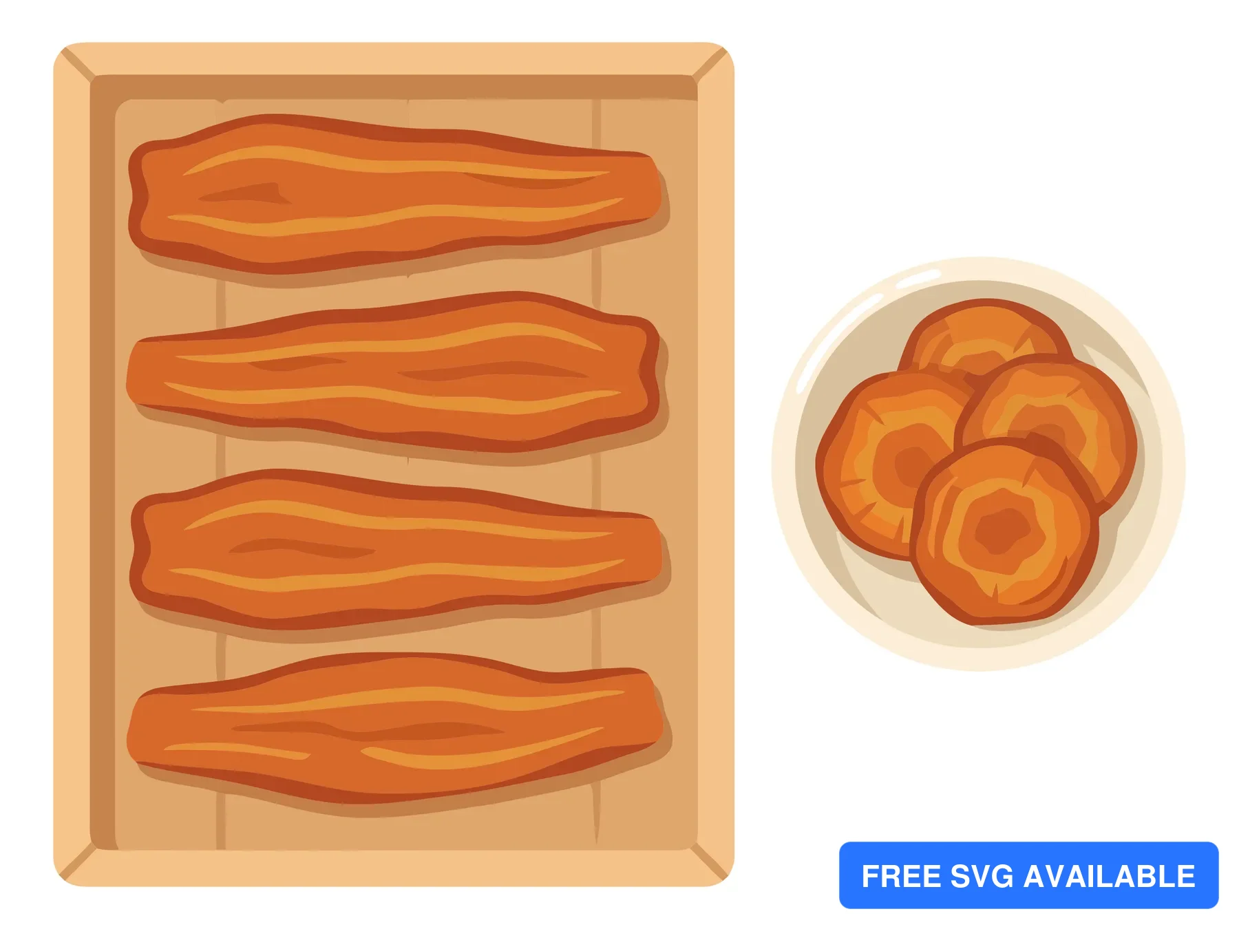 vector illustration of long orange dried sweet potato strips on a wooden tray and slices in a bowl isolated on white background