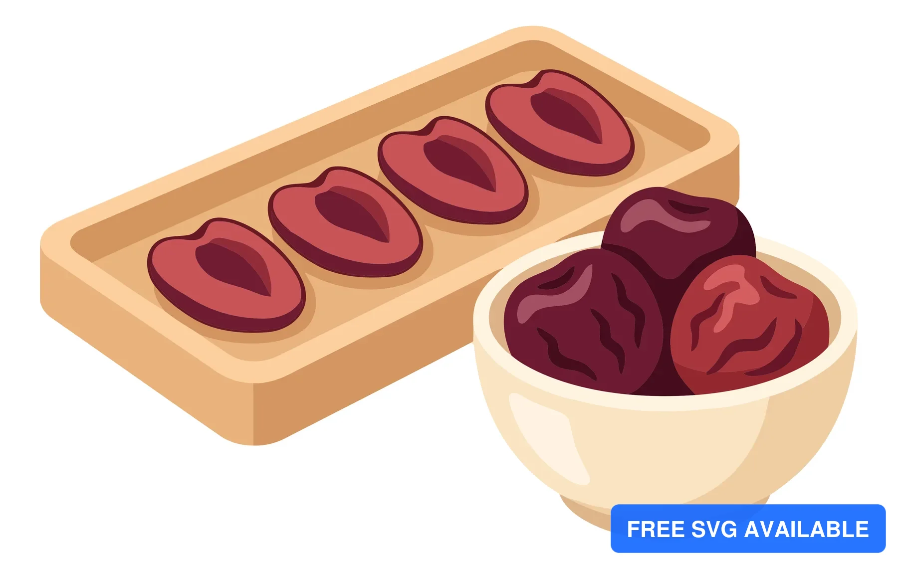 vector illustration of sliced red dates or jujube on a wooden tray and whole fruits in a bowl isolated on white background