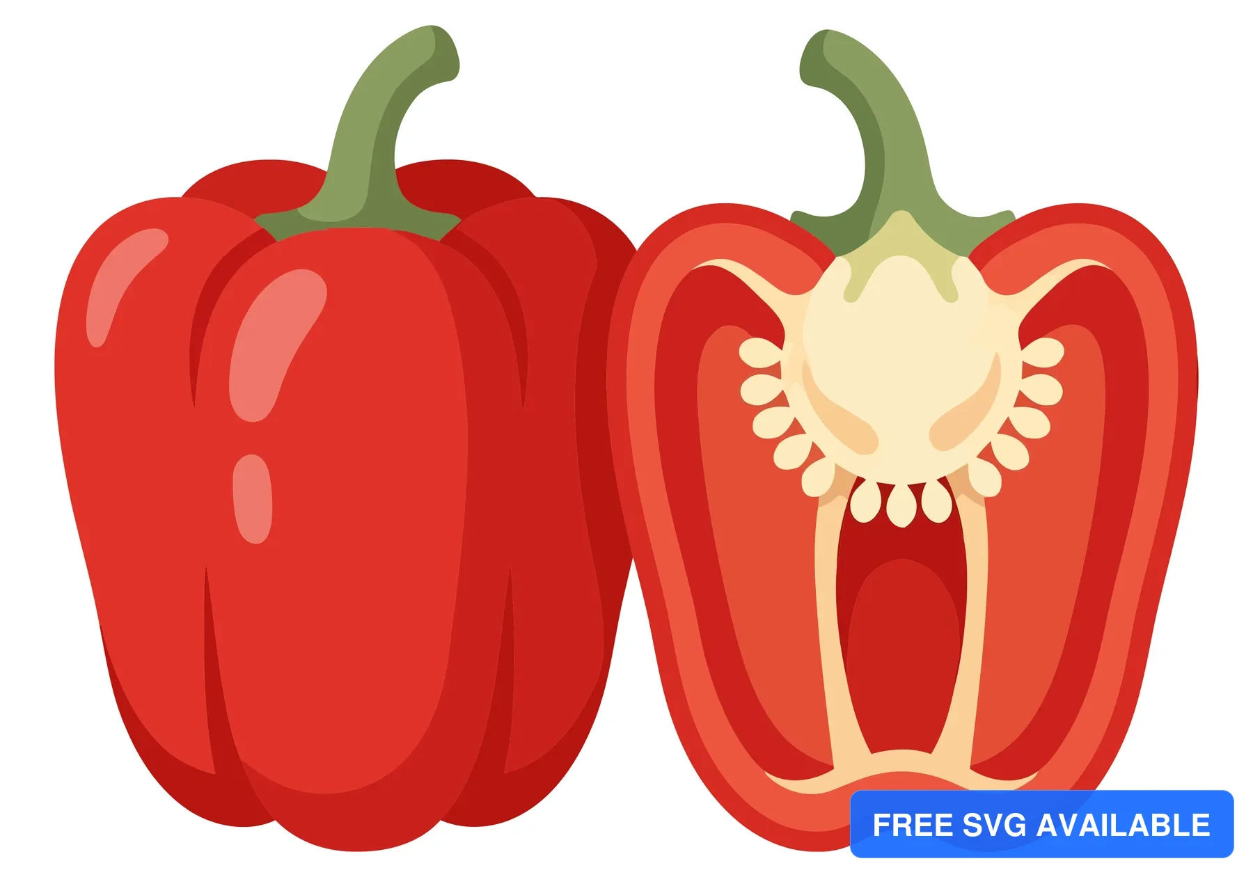 whole and sliced red bell pepper isolated on white background