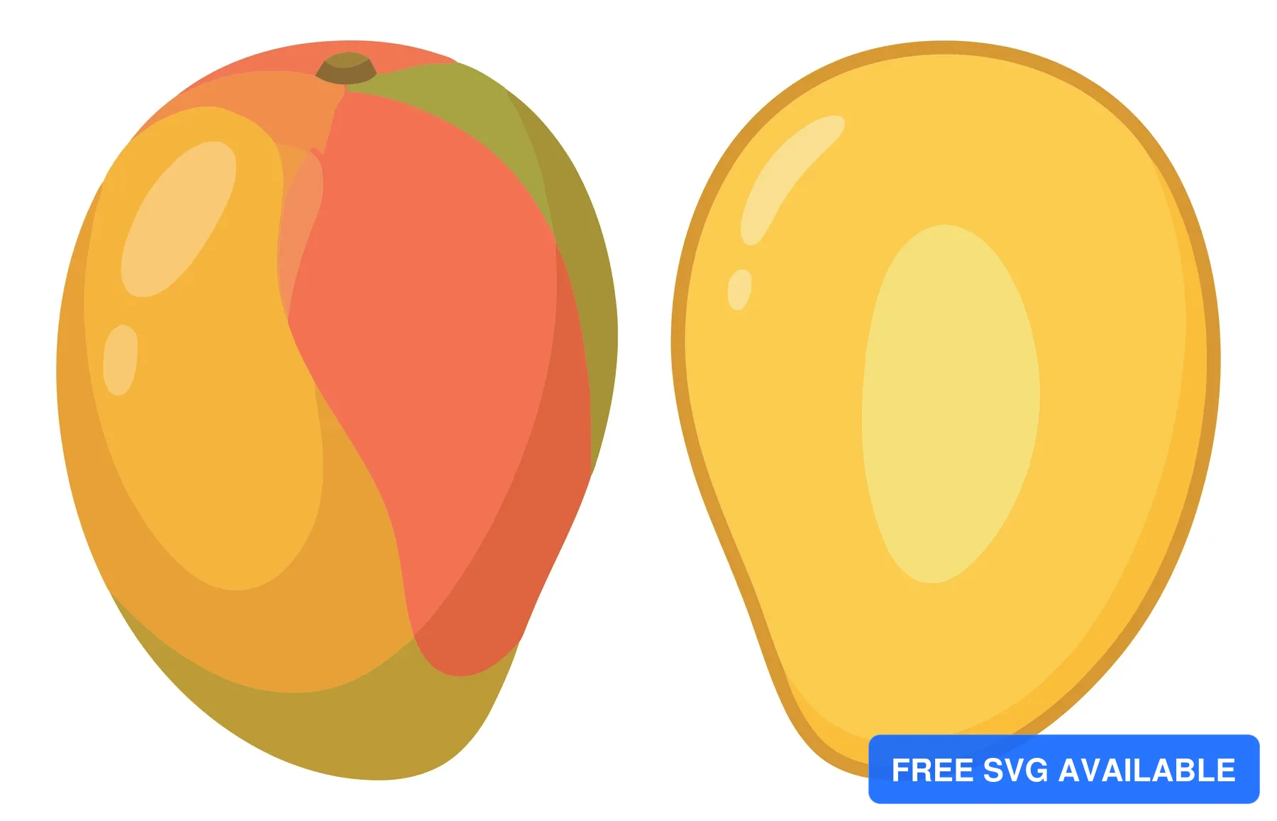 whole ripe mango fruit and a peeled half slice isolated on white background