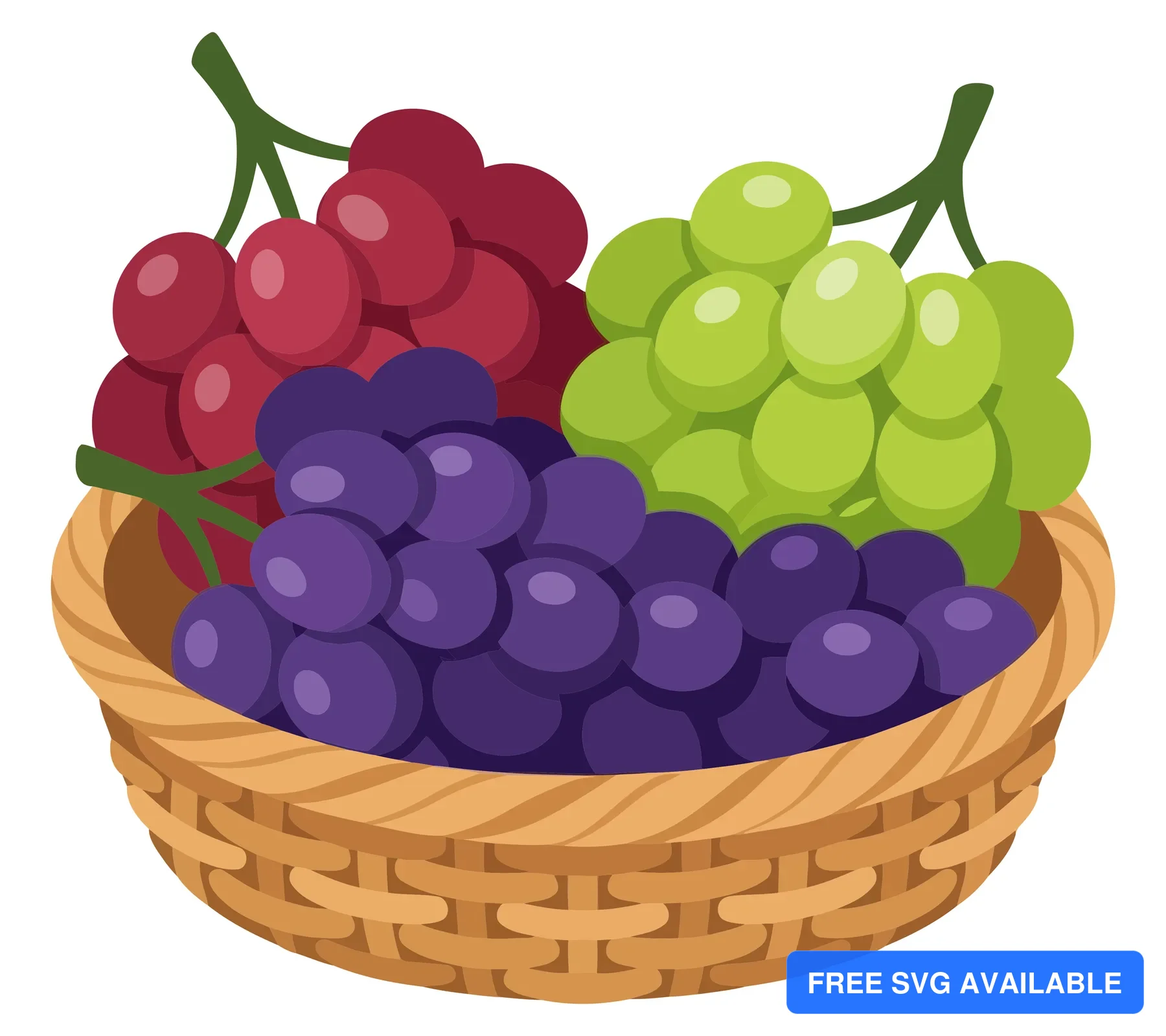 wicker basket filled with colorful fresh grapes of different varieties isolated on white background