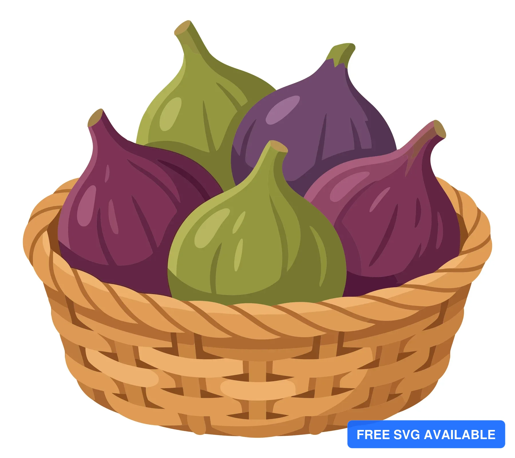 wicker basket filled with fresh ripe green and purple figs isolated on white background
