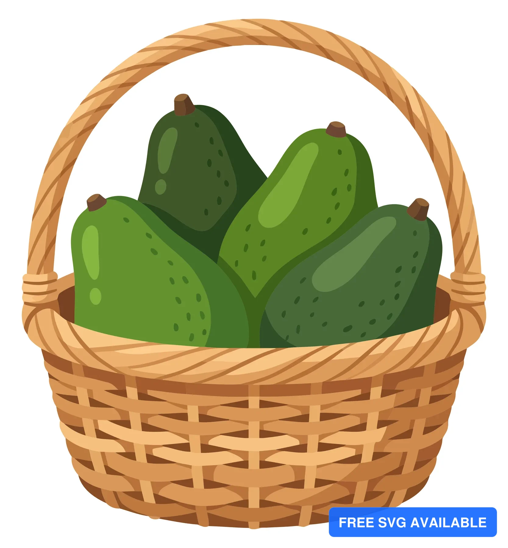 wicker basket filled with fresh ripe green avocados isolated on white background
