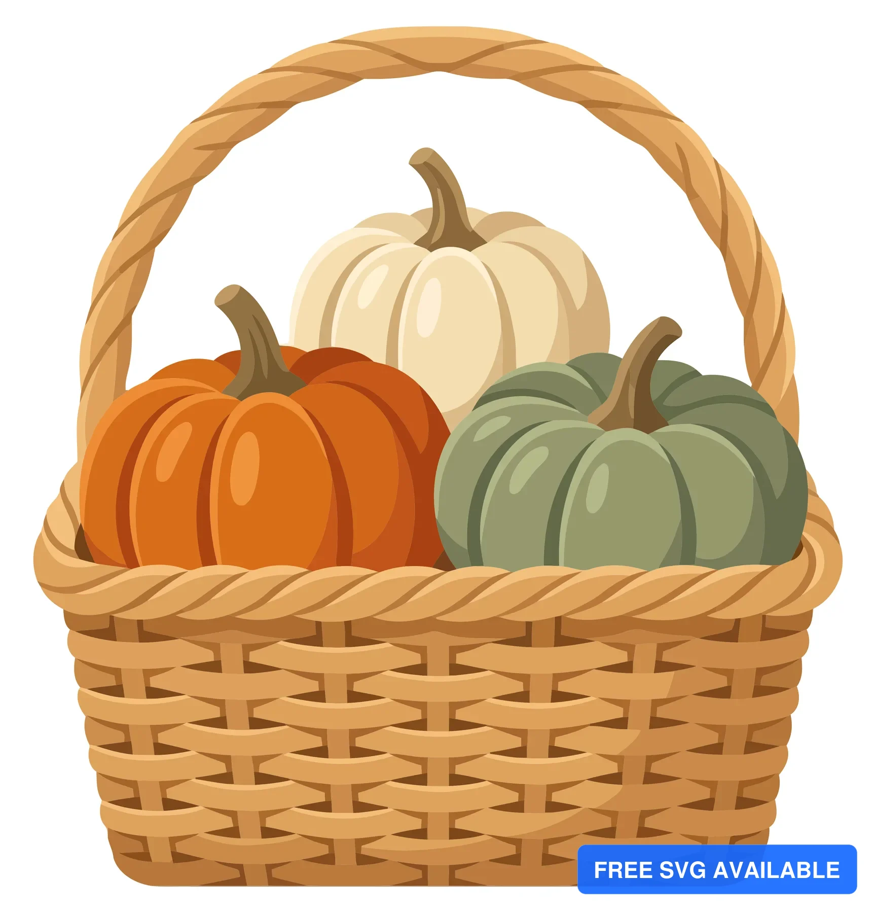 wicker basket filled with three colorful pumpkins, including orange, white, and green varieties, perfect for autumn, thanksgiving, and harve
