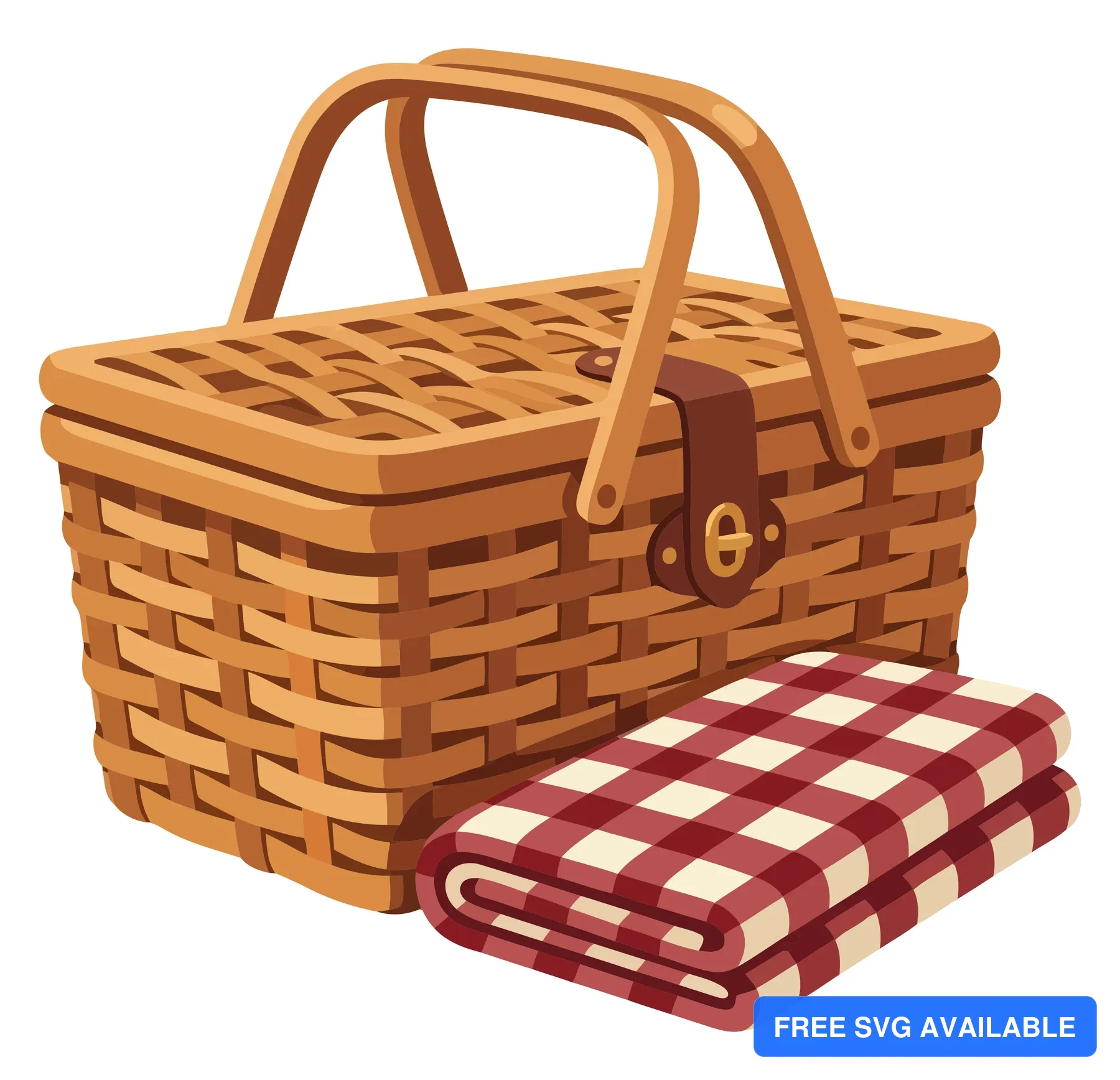 wicker picnic basket with folded checkered blanket isolated on white background