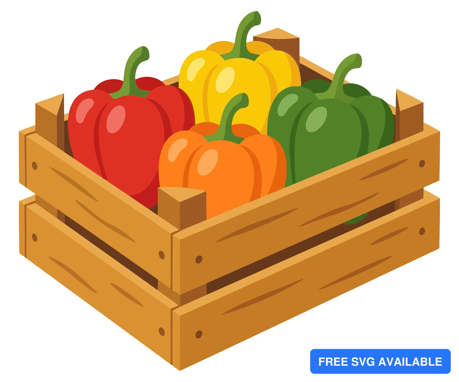 wooden crate filled with fresh colorful bell peppers, including red, yellow, orange, and green varieties, arranged neatly in a rustic contai