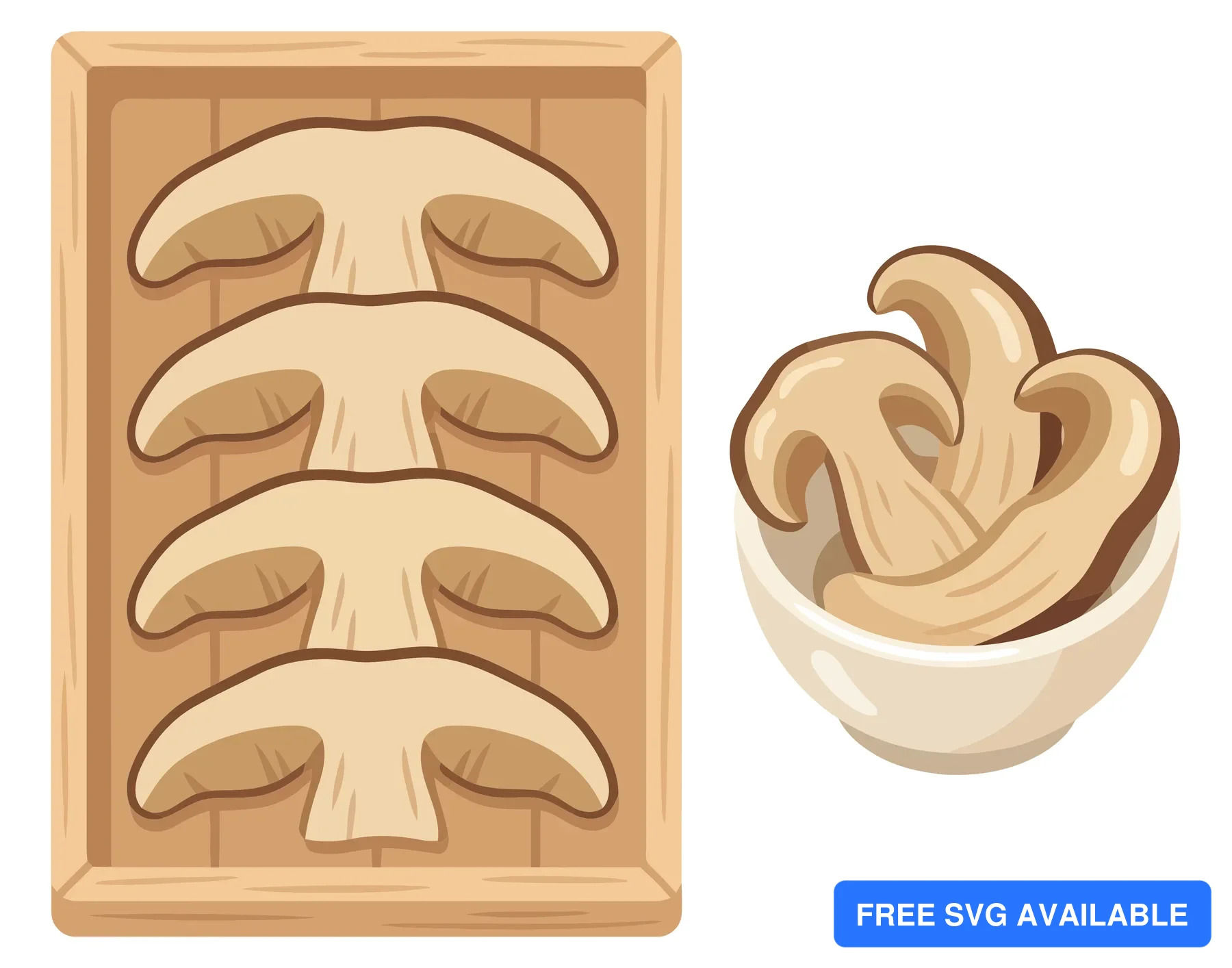 wooden tray with sliced mushrooms and small bowl isolated on white background
