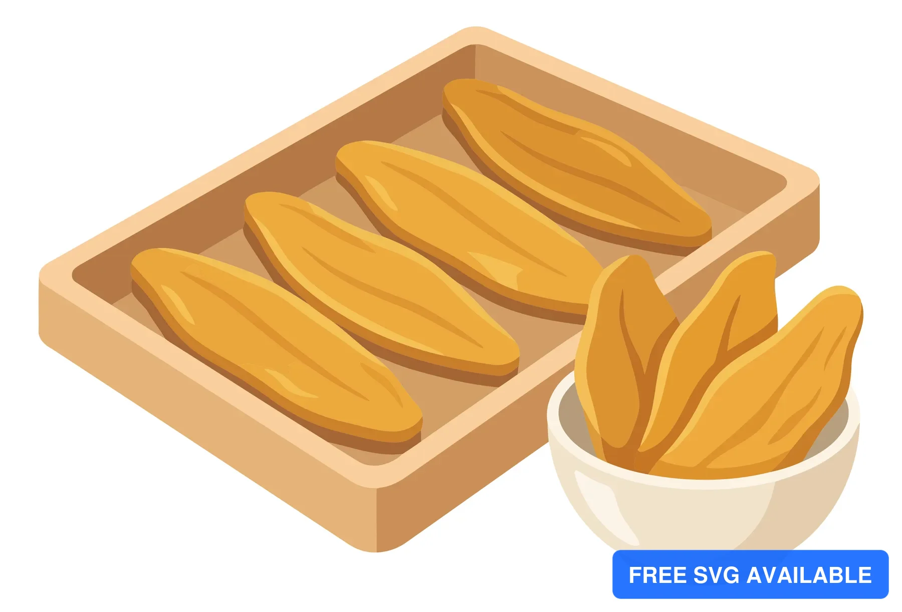 wooden tray with yellow dried mango slices and small bowl isolated on white background