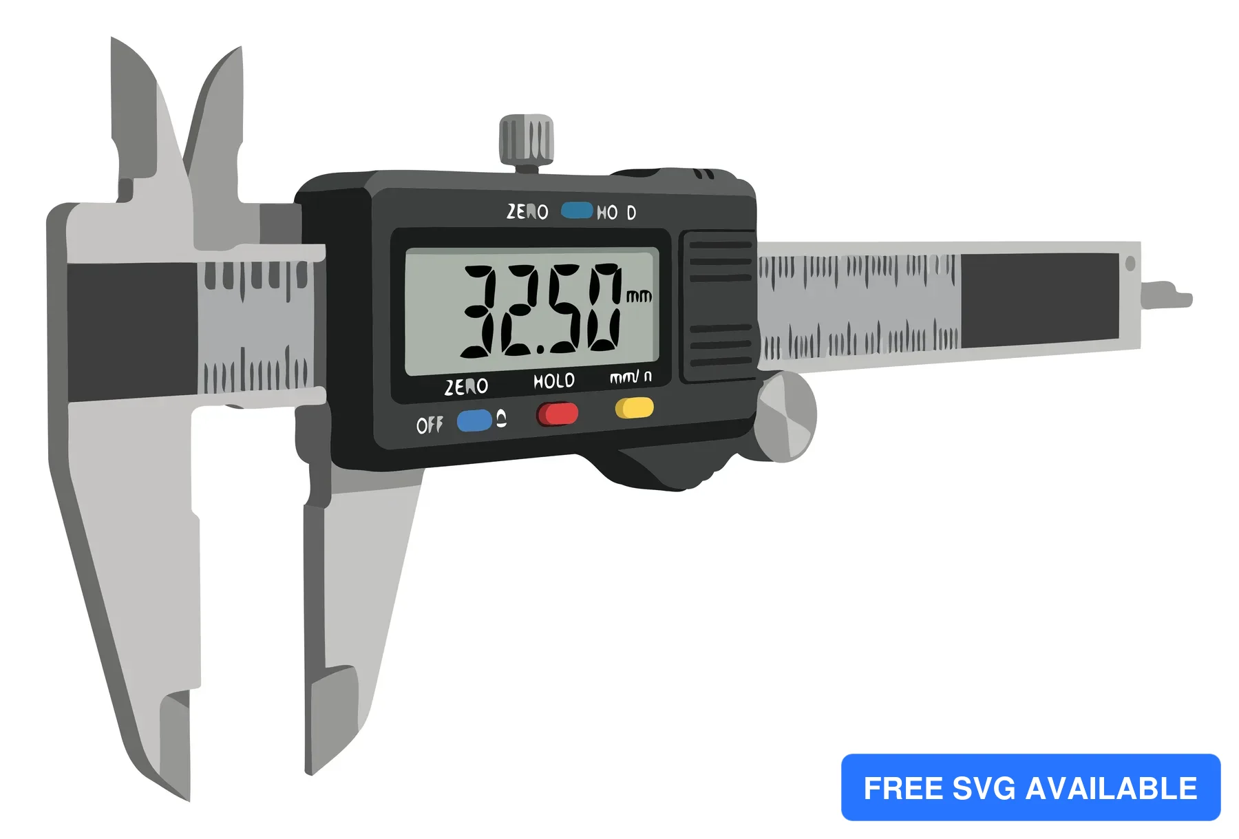 A digital caliper showing a measurement reading of 32.50 units on a vector illustration.