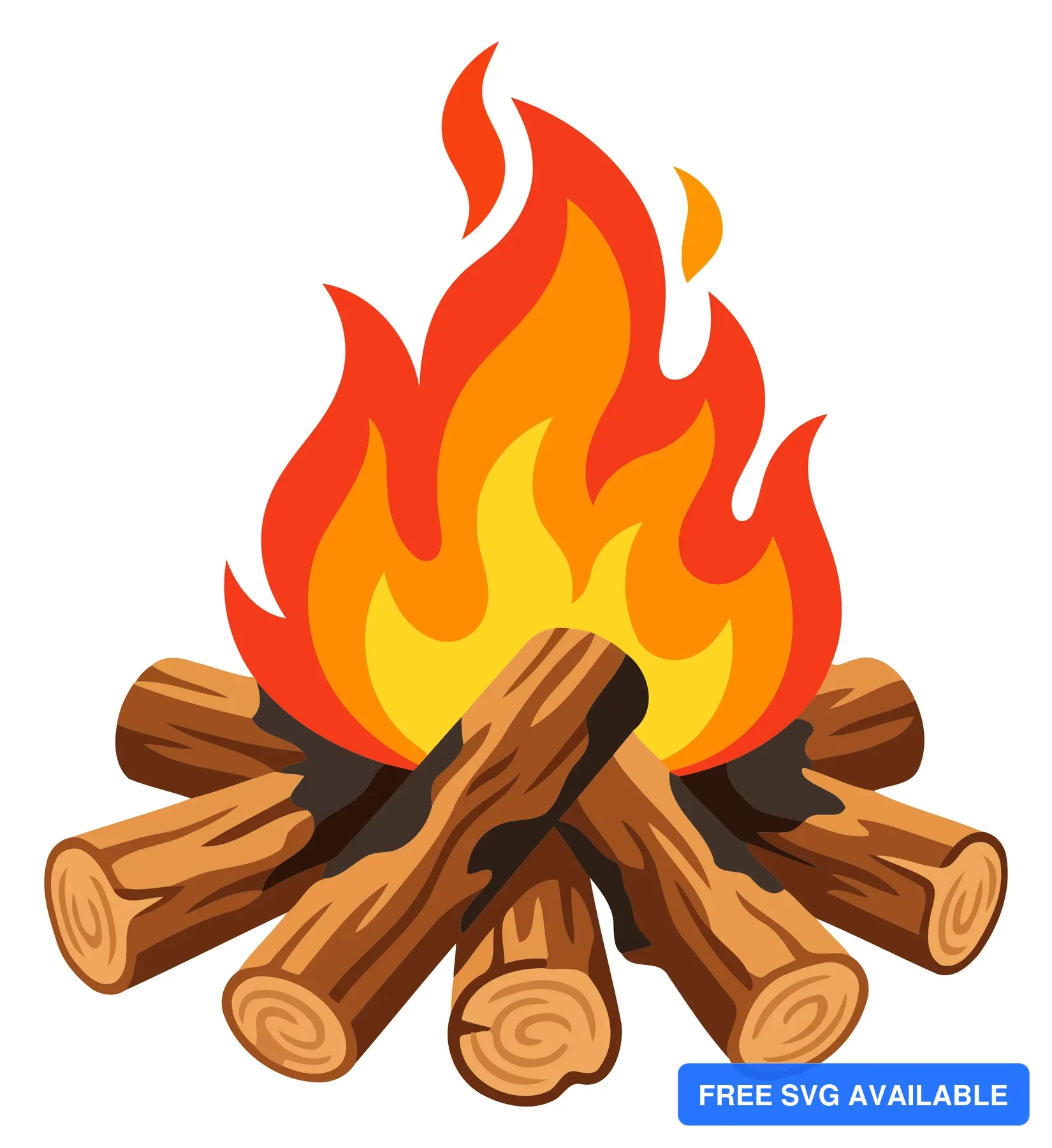 A stylized illustration of a fire pit with logs burning and bright flames