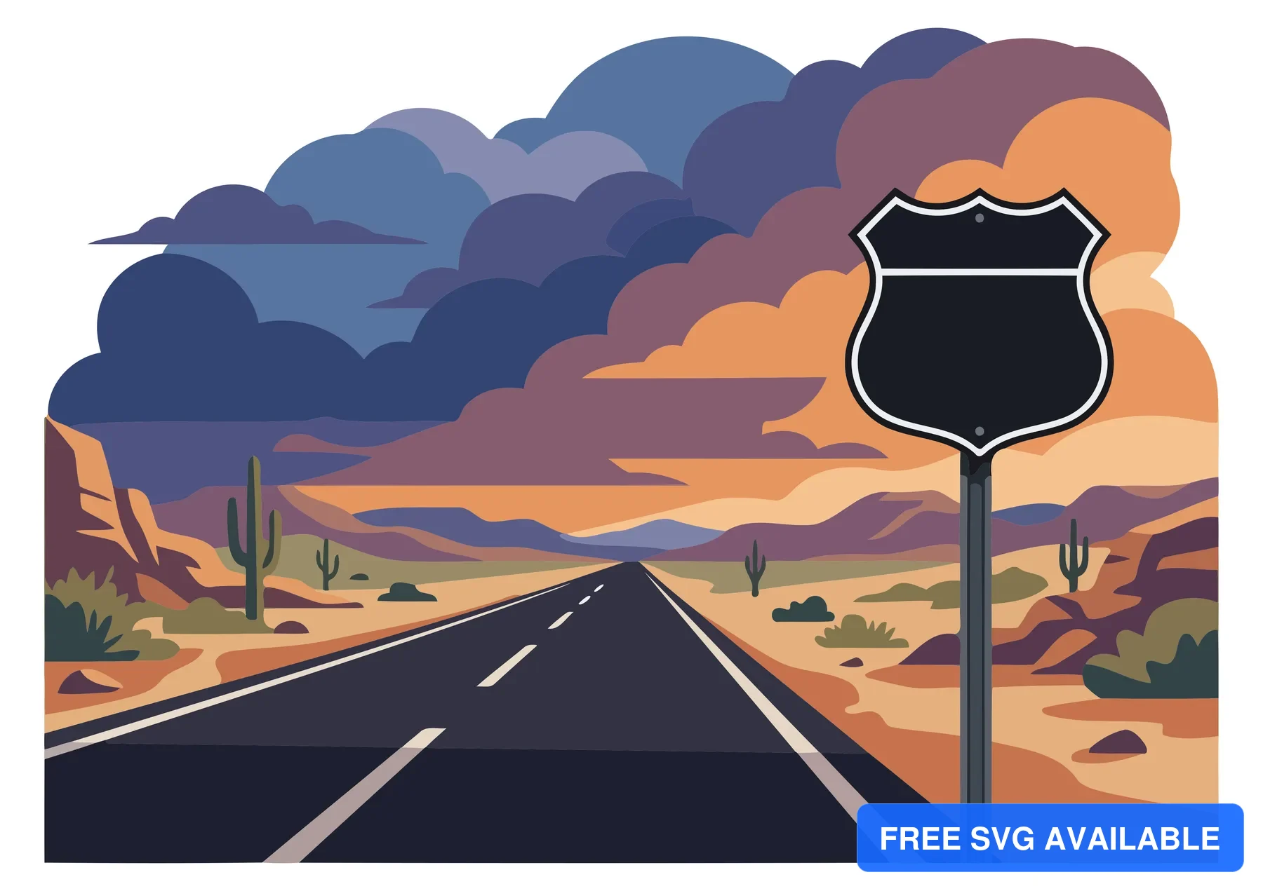 A stylized vector illustration of a road sign on a desert road with clouds in the sky