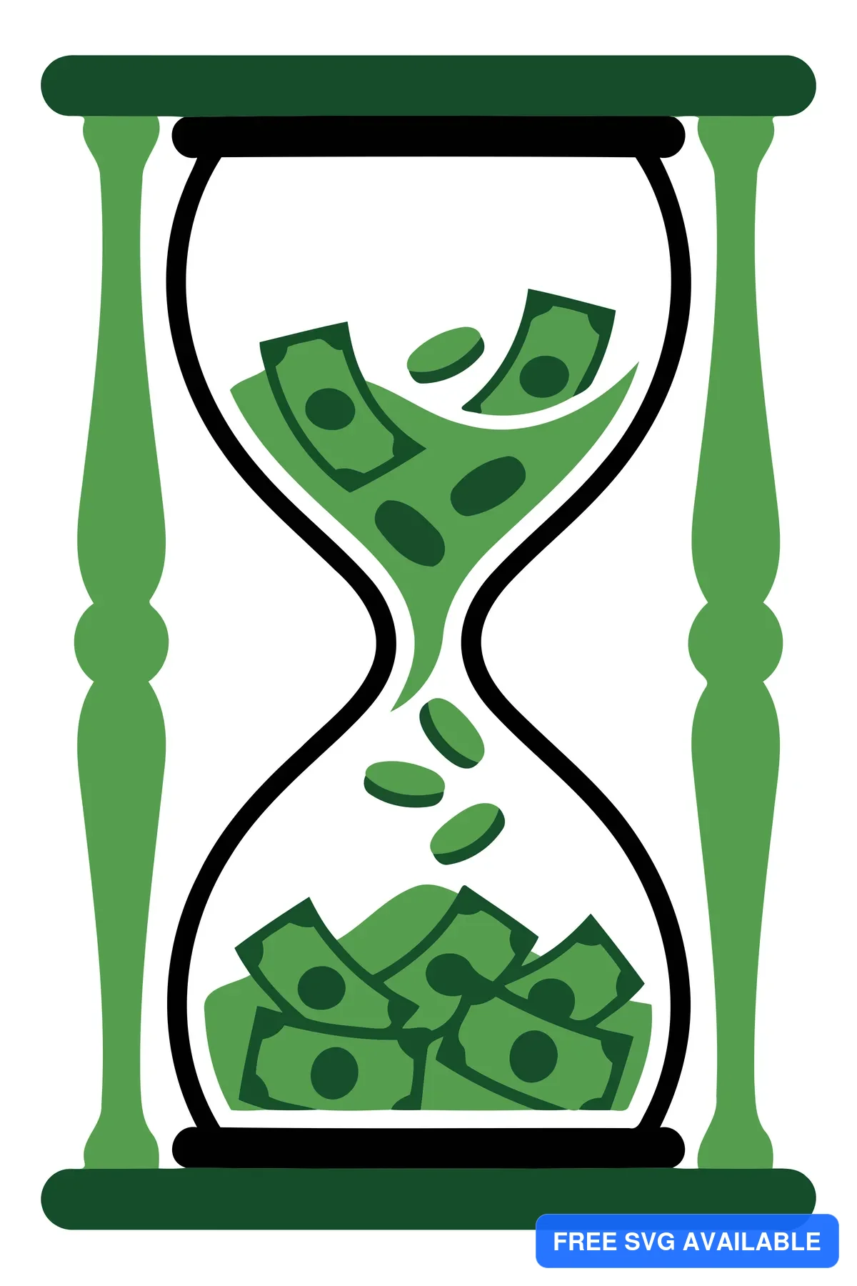 A green hourglass filled with coins representing financial wealth and time management.
