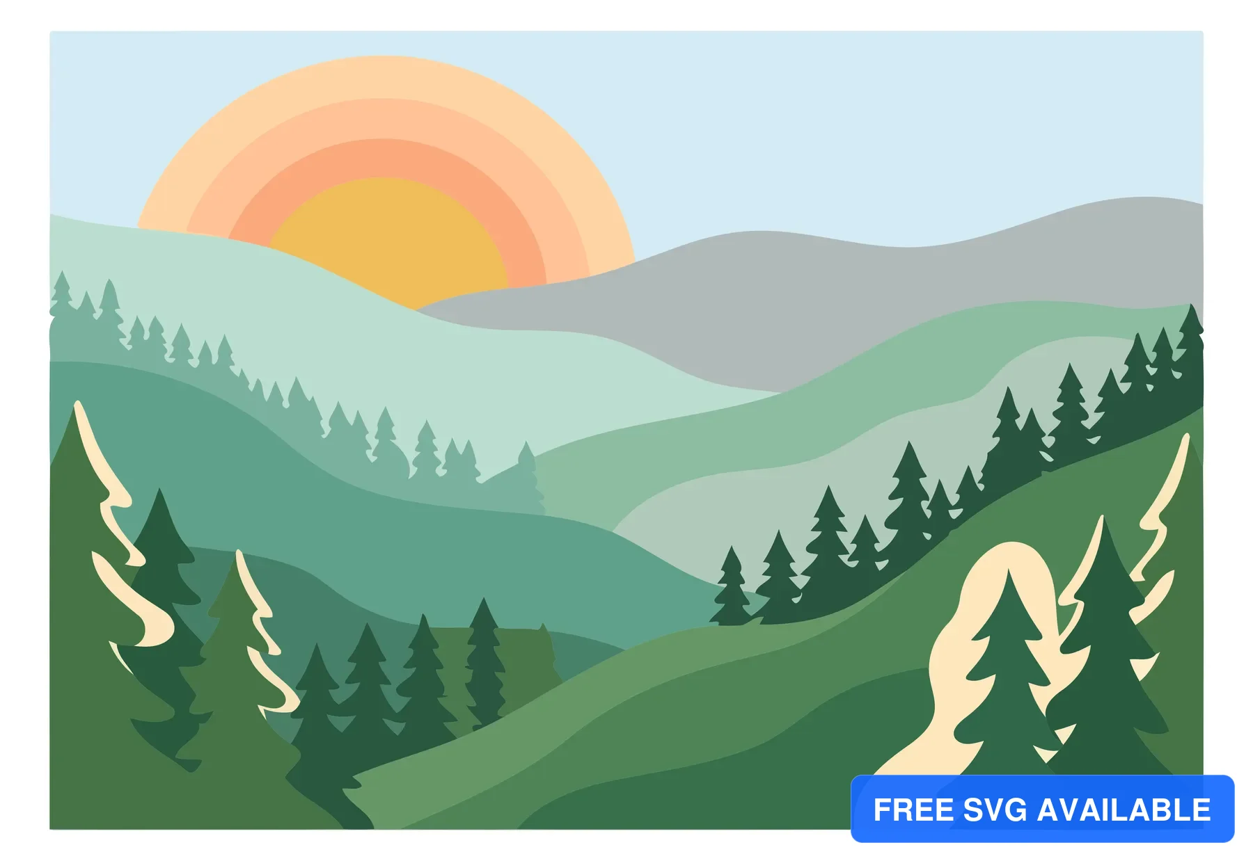 Vector illustration of a sunrise over green hills and forests