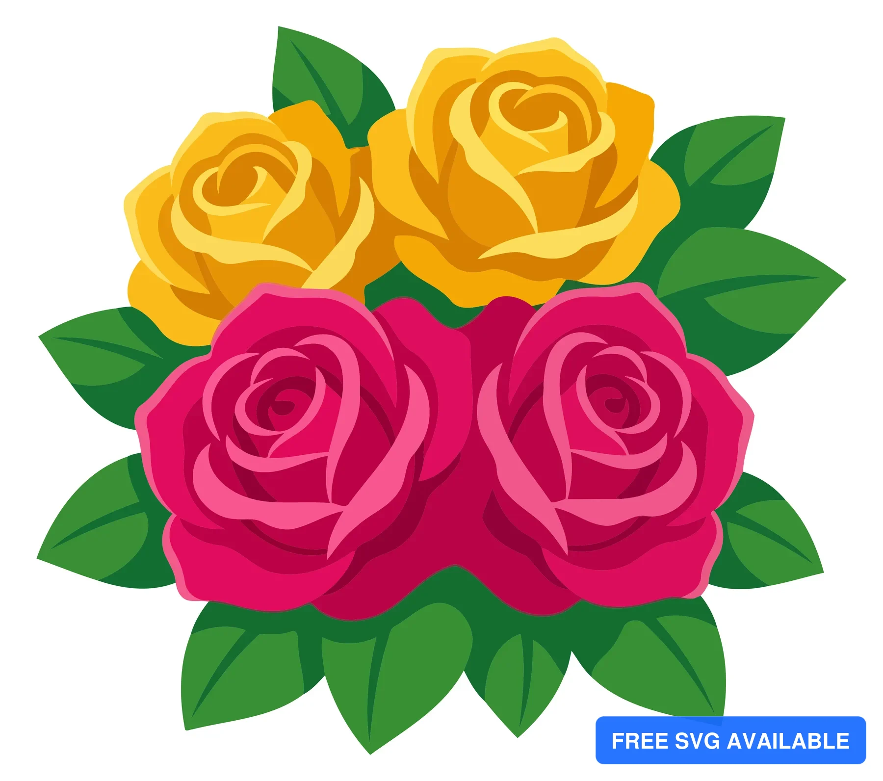 A colorful vector illustration of three stylized roses with green leaves