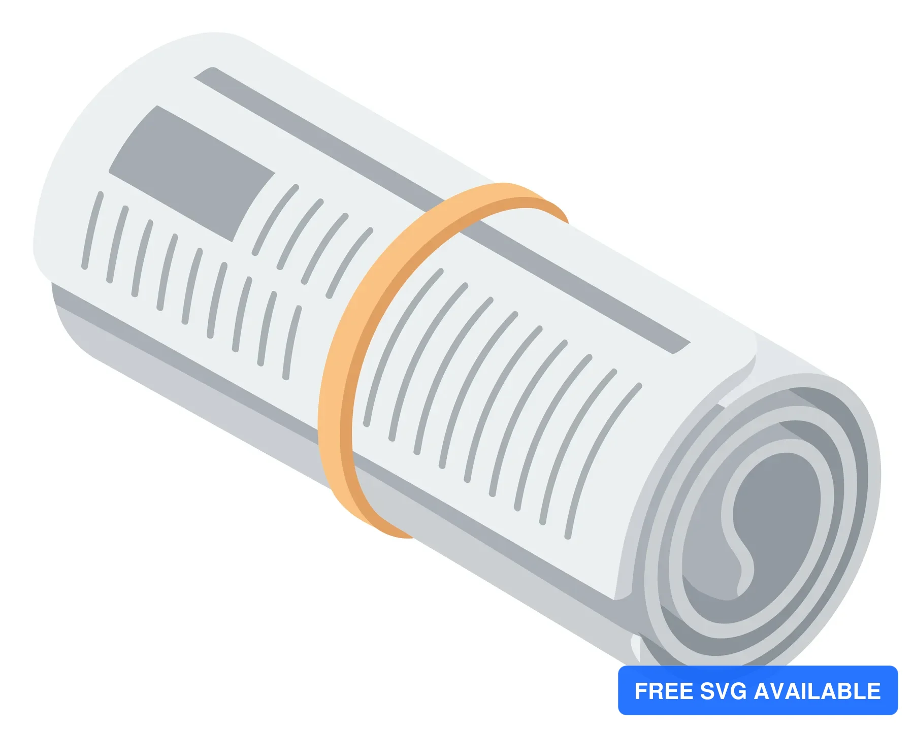 A flat design of a rolled newspaper with an orange rubber band