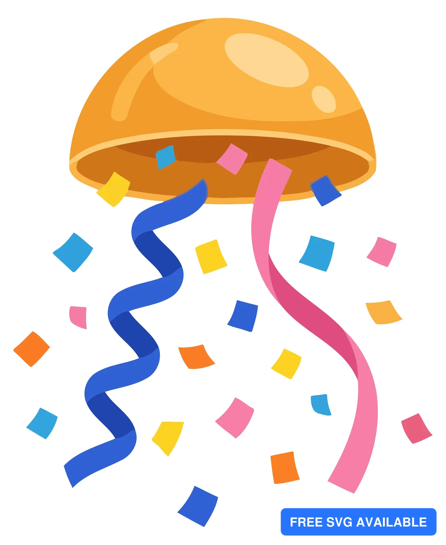 A stylized jellyfish with colorful streamers and confetti particles around it in a celebratory design.