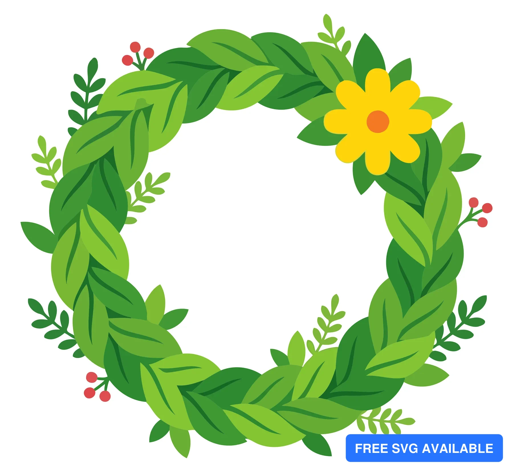 A decorative wreath with green leaves and a yellow flower in a stylized illustration