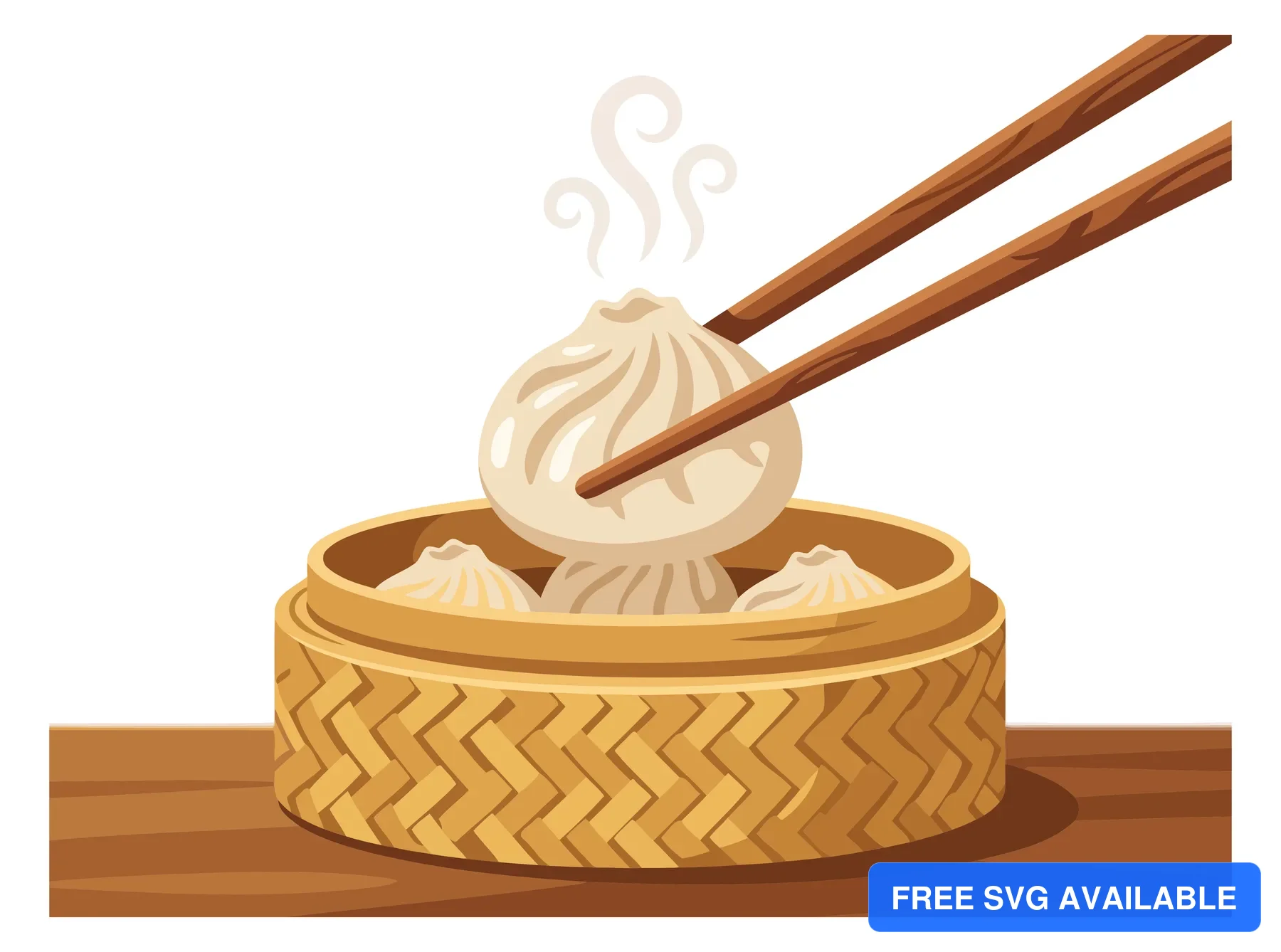 A dumpling in a bamboo bowl with chopsticks and decorative wrapper illustration