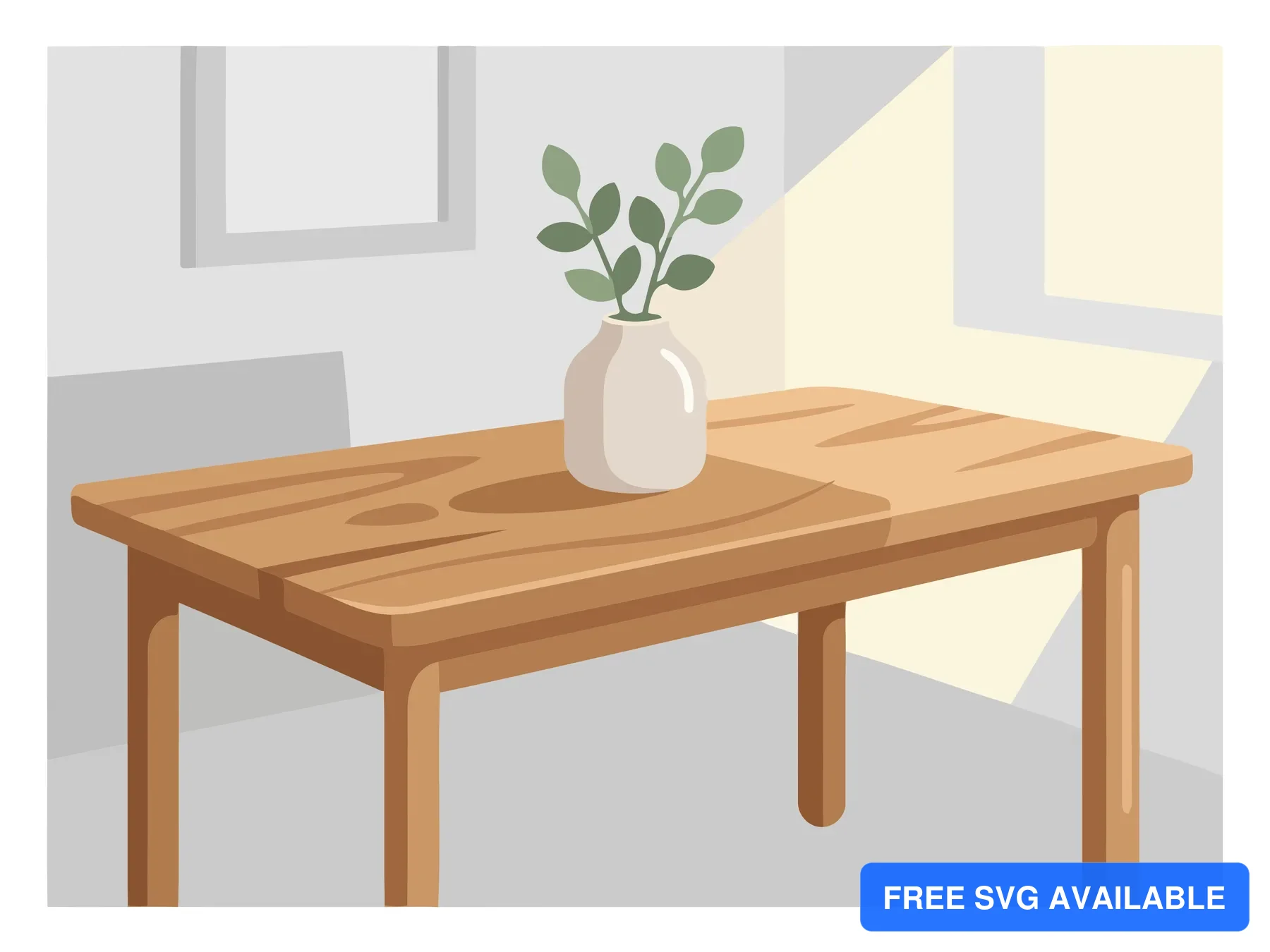 A minimalist wooden table with a white vase holding a green plant in a simple indoor setting