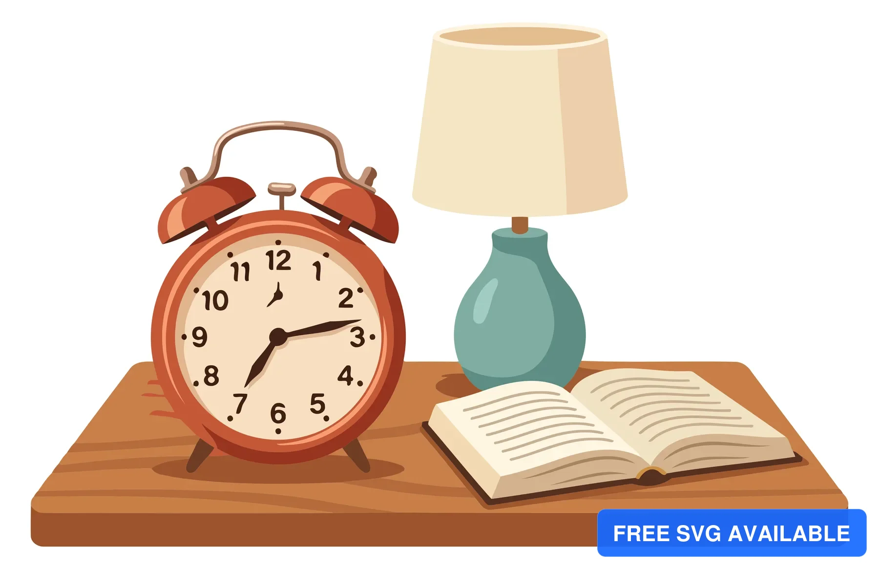 A flat design illustration of a desk with an alarm clock, lamp, and an open book