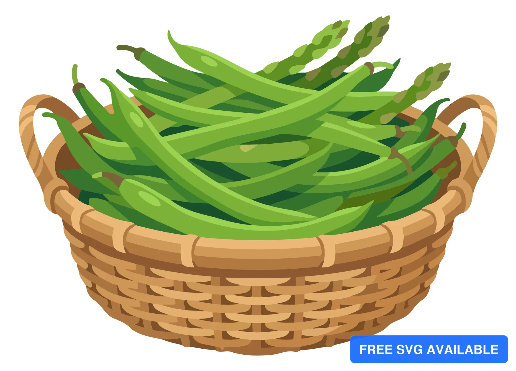 A wicker basket filled with fresh green beans in an illustration style
