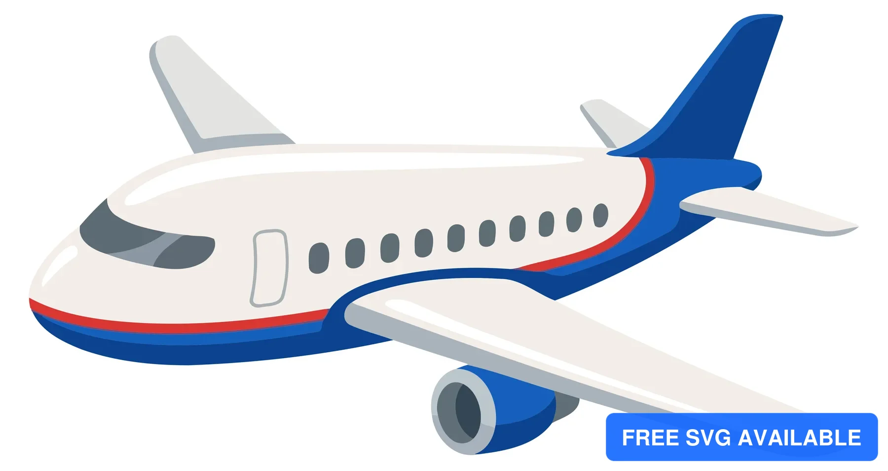 A stylized airplane with blue, white, and red colors in a flat design illustration