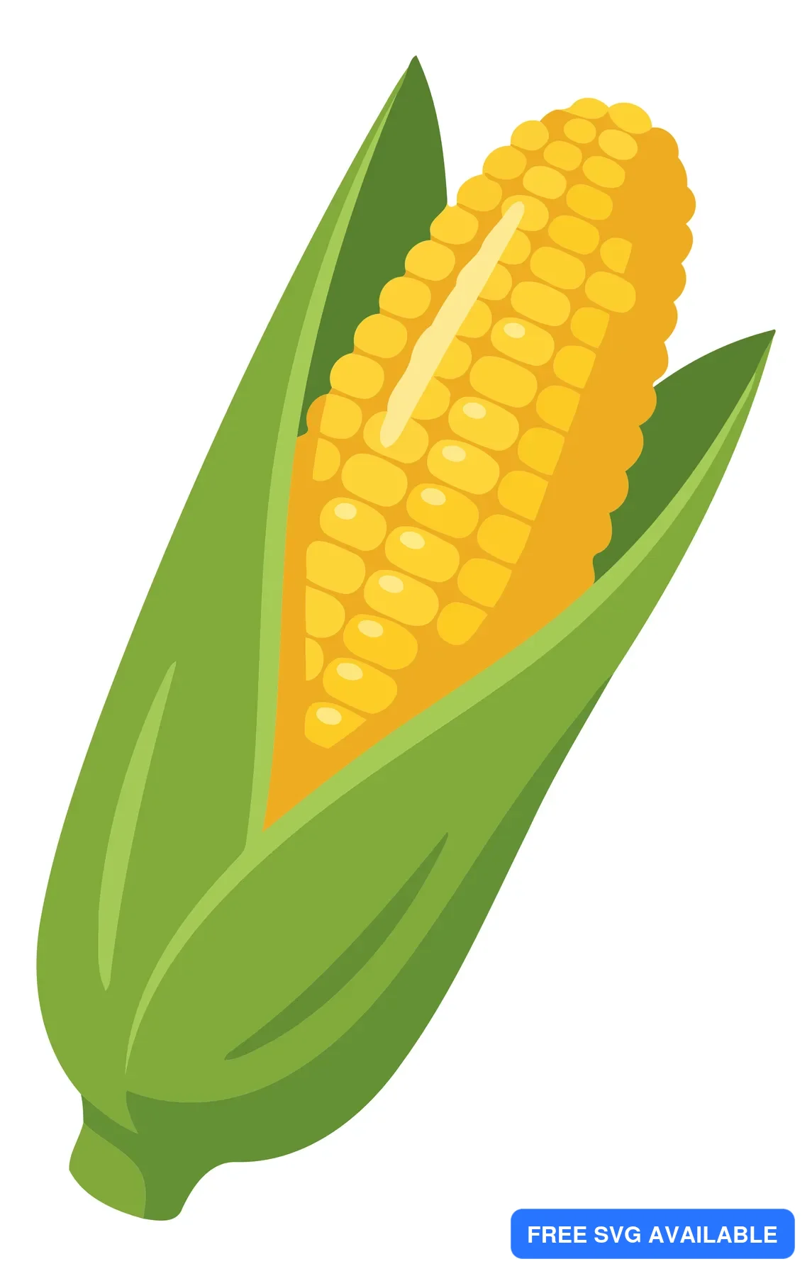 A stylized corn cob with yellow kernels and green leaves in an illustration format