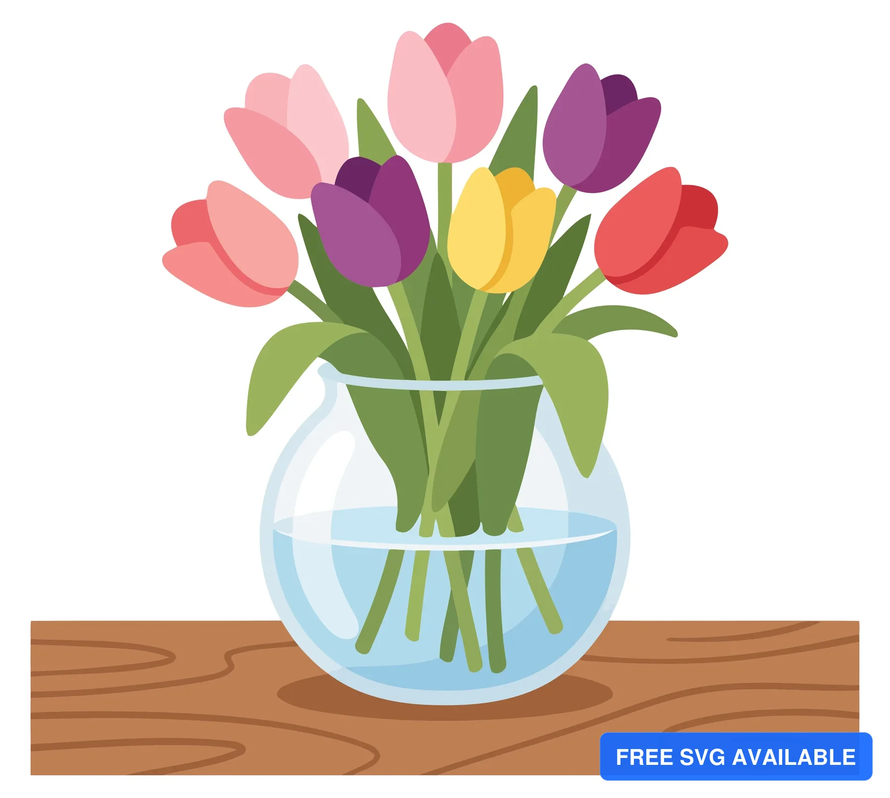 A colorful tulip bouquet in a clear glass vase on a wooden background