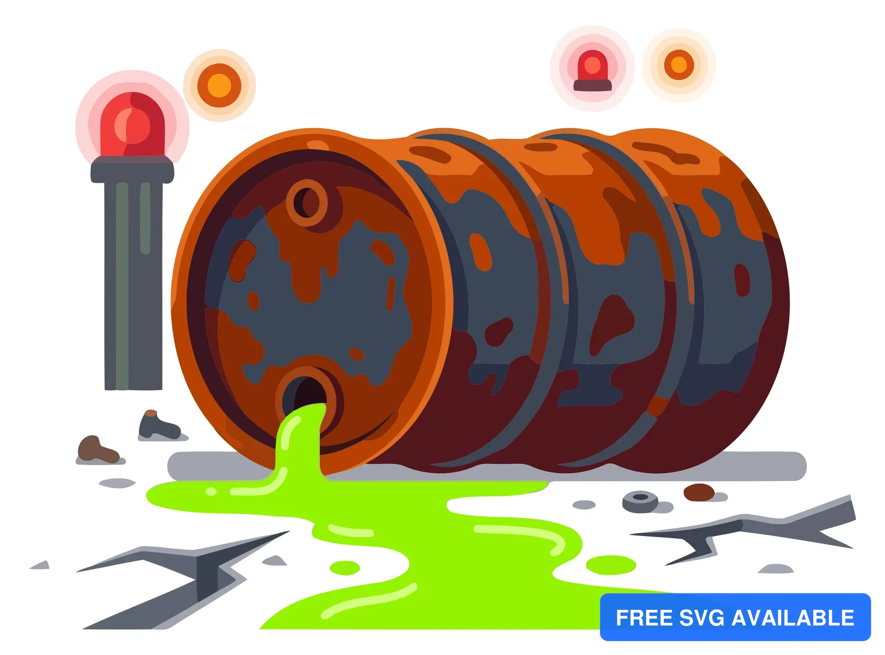 Three barrels with caution symbols and green liquid dripping, industrial warning illustration
