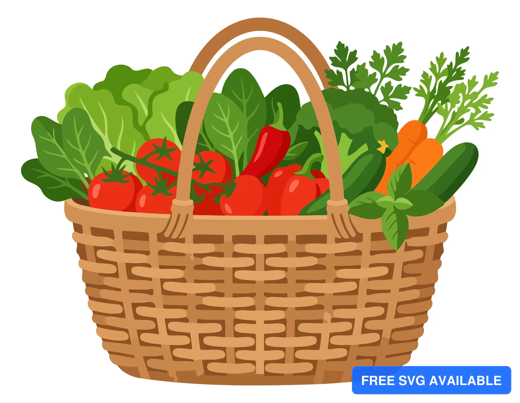 A basket filled with fresh vegetables including peppers, carrots, and greens