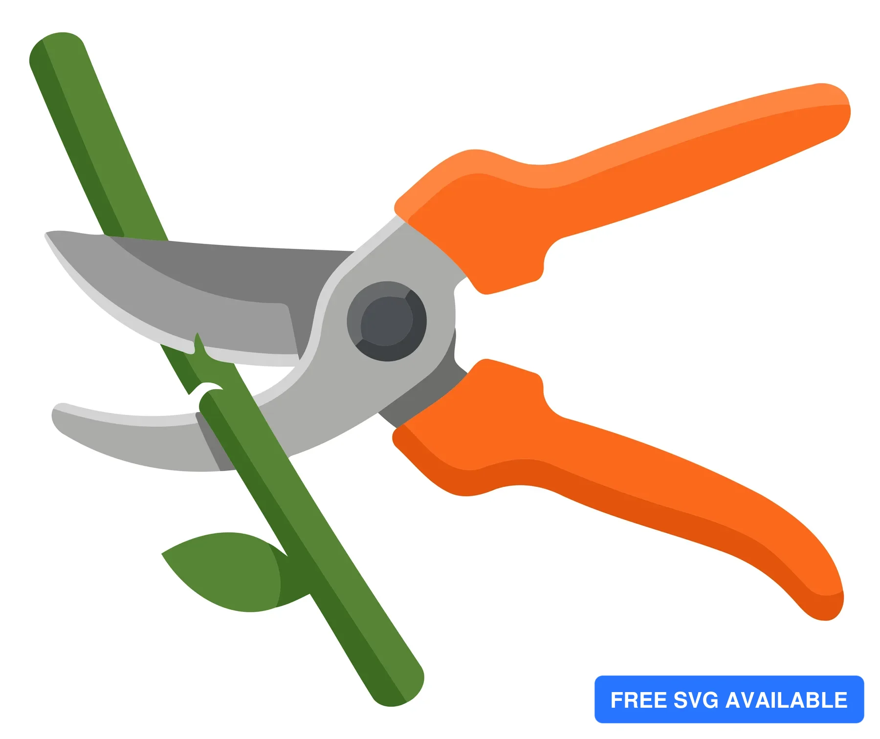 A pair of pruning shears cutting a green branch with leaves in a stylized vector illustration.