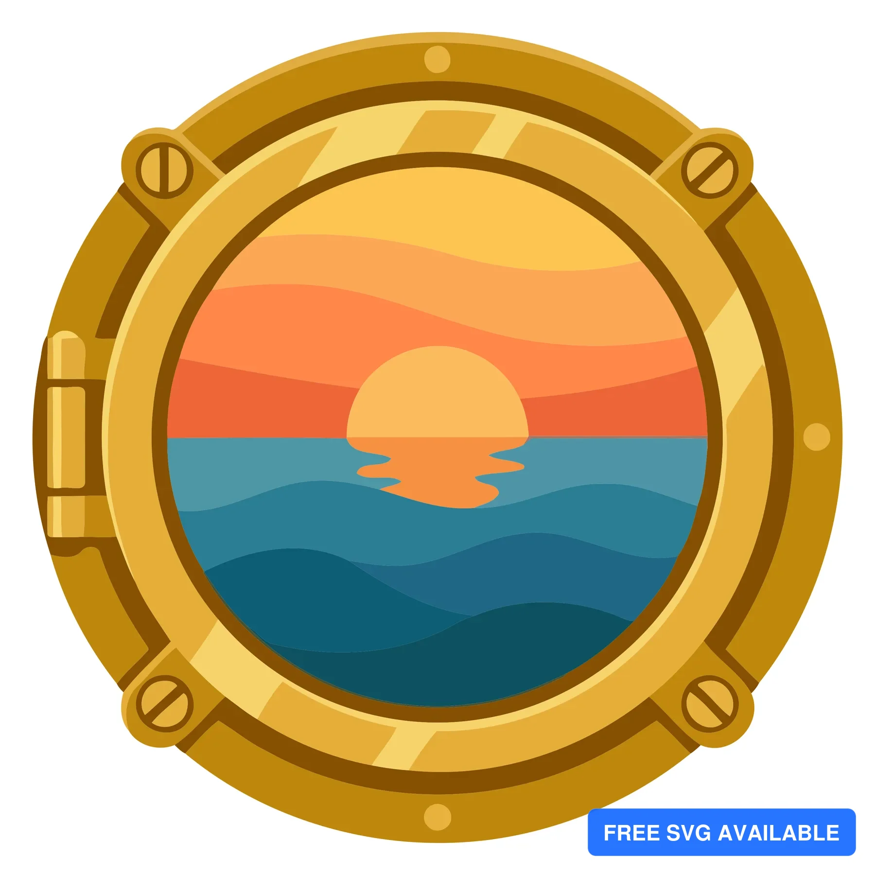A golden circular port hole with a sunset over the ocean inside