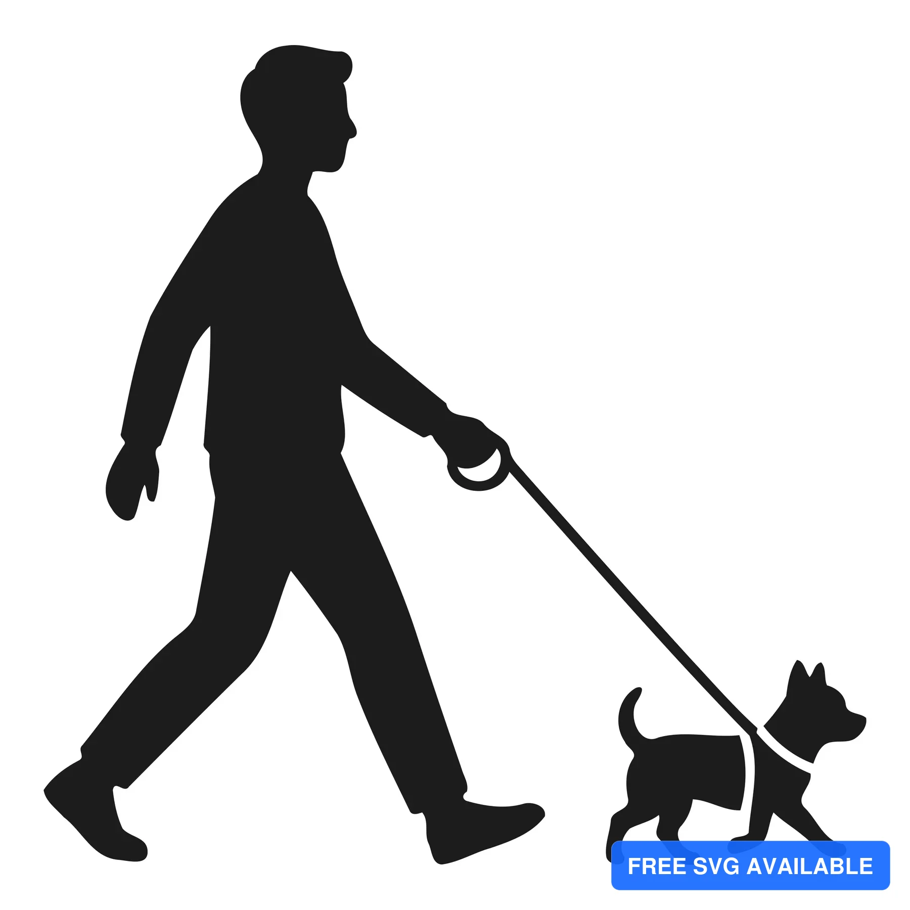 A person walking a dog on a leash in a minimalist black line drawing style
