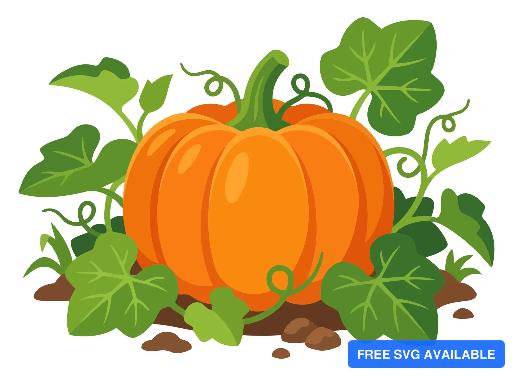 A stylized pumpkin with green leaves and vines in an autumn-themed illustration