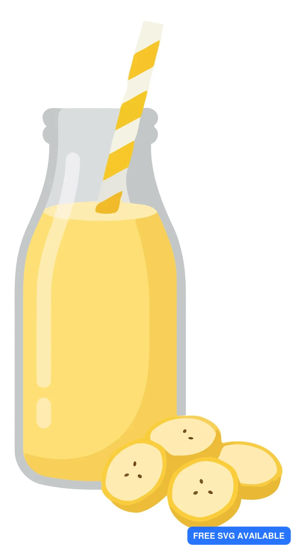 A glass of yellow milkshake with banana slices and a striped straw
