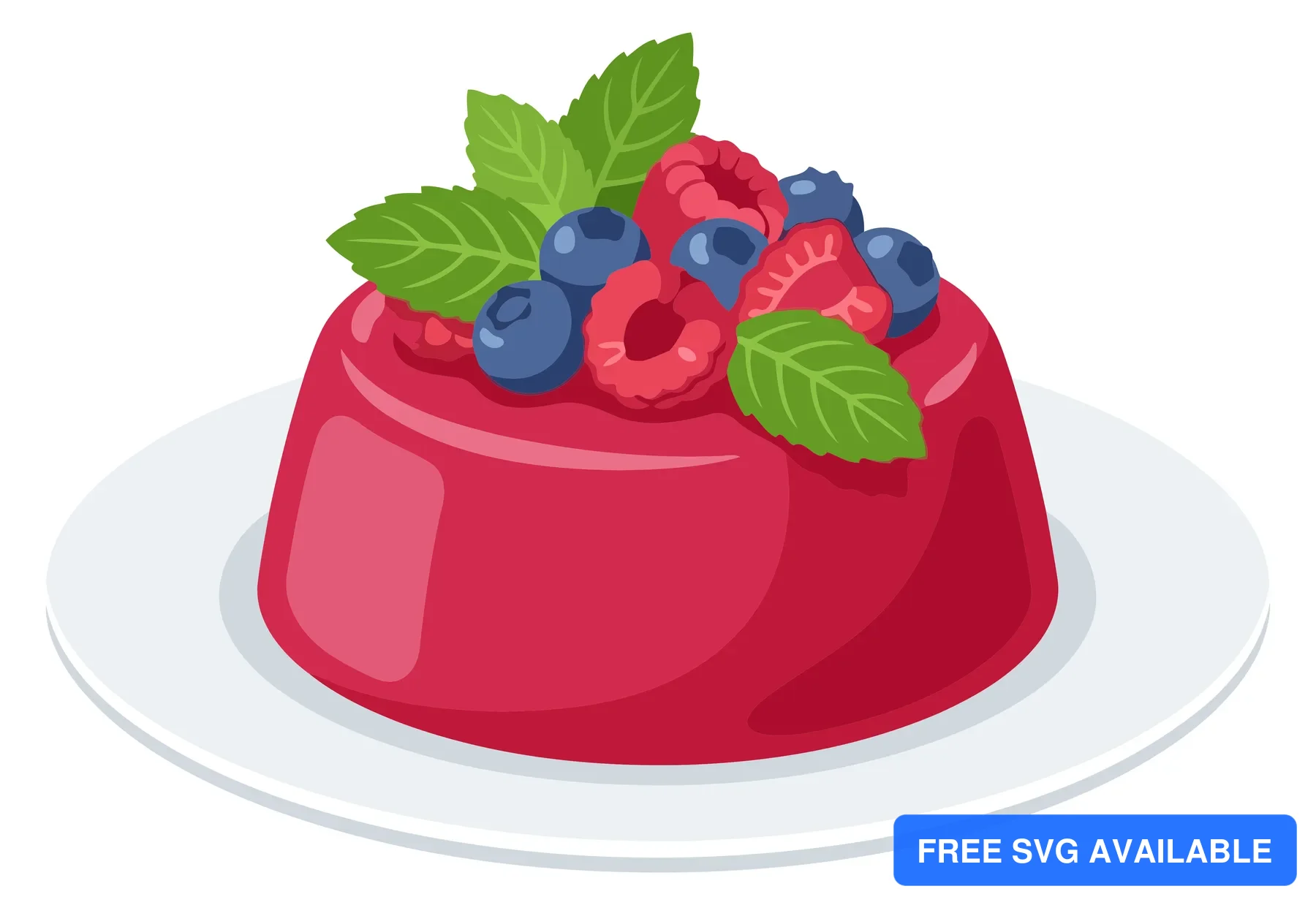 A stylized fruitcake topped with berries on a white plate