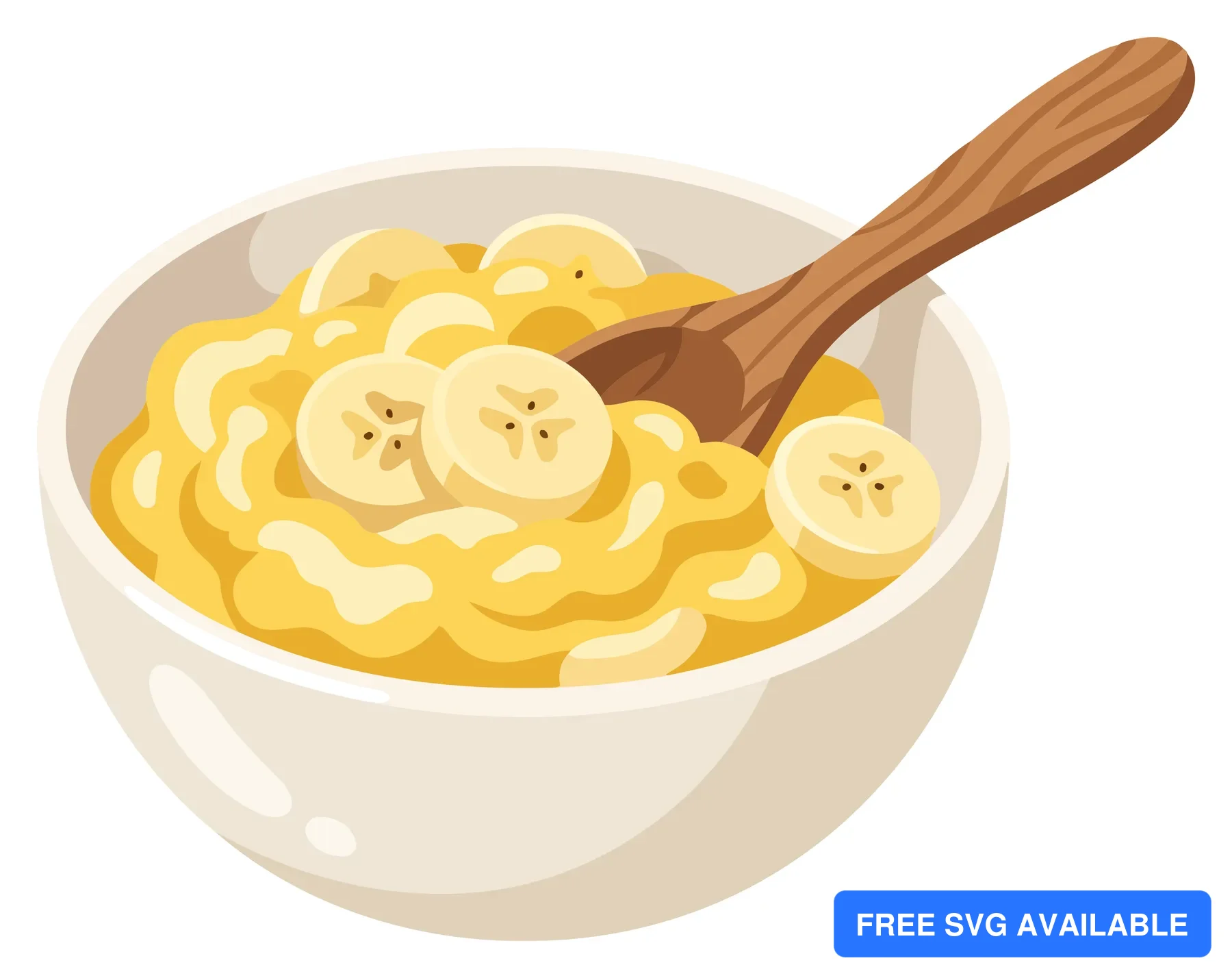 A bowl of banana pasta with sliced bananas and a wooden spoon in a stylized vector illustration.