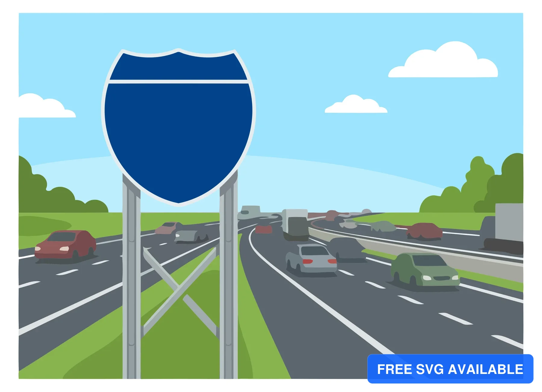 A blue highway merge sign with vehicles on a multi-lane road