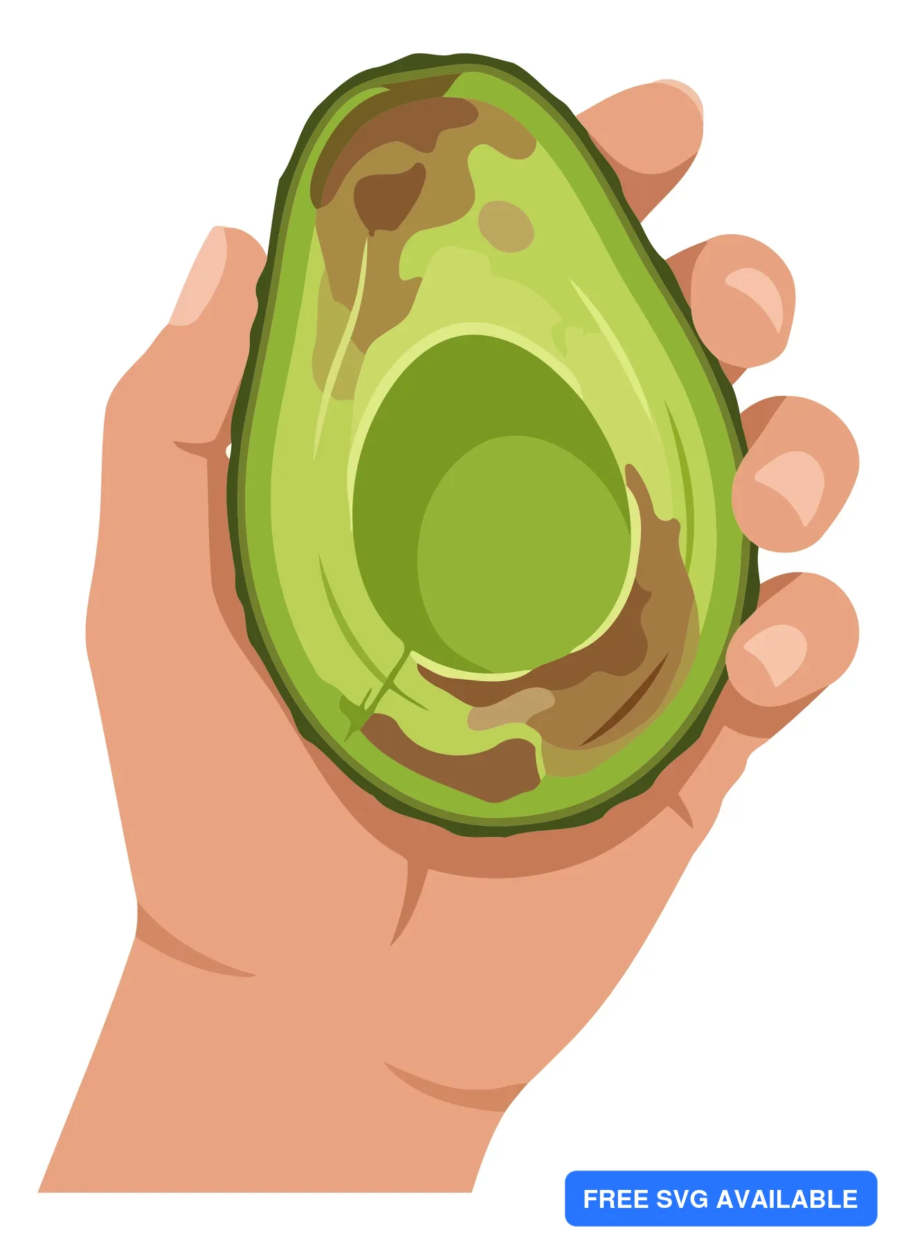 A hand holds a peeled avocado with visible seed and green flesh in a clean illustration