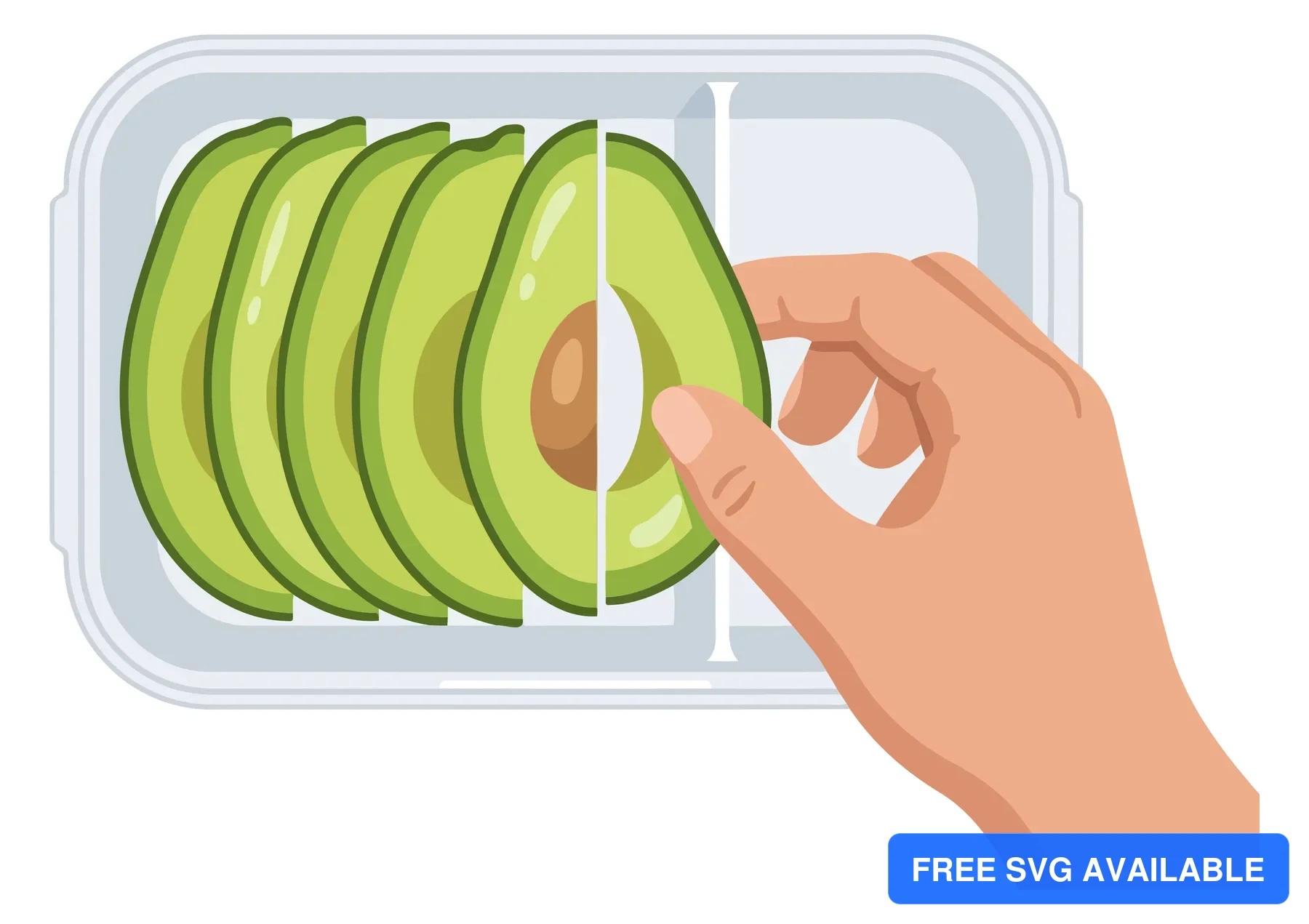 A hand holding avocado halves in a container, showing sliced avocado in a clean design.