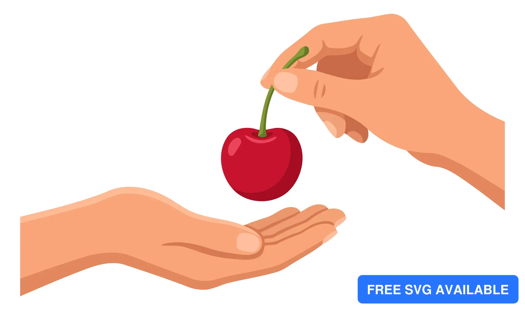 A hand holding a single red cherry in an illustration style