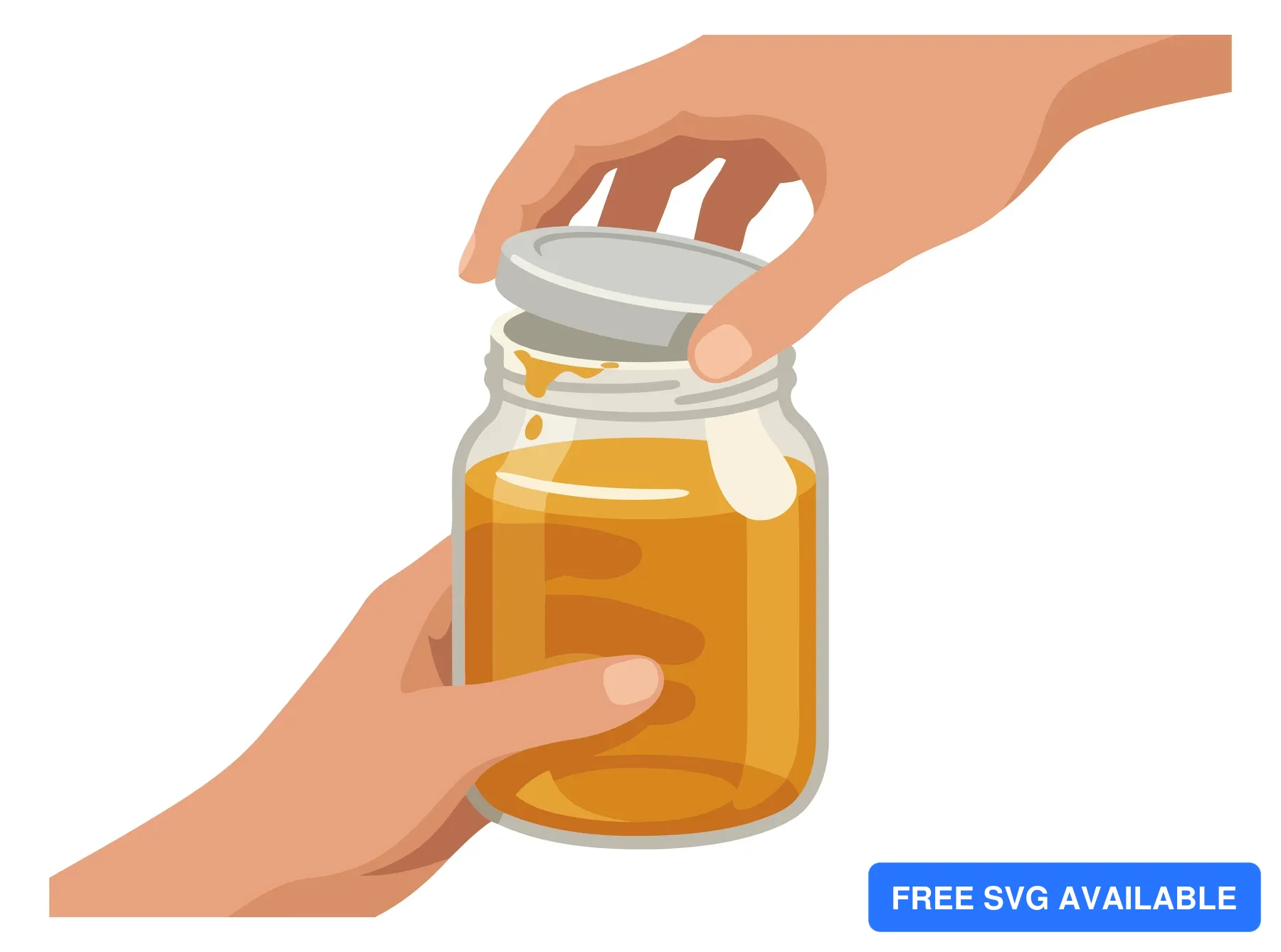 A hand pouring honey from a clear glass jar into another container