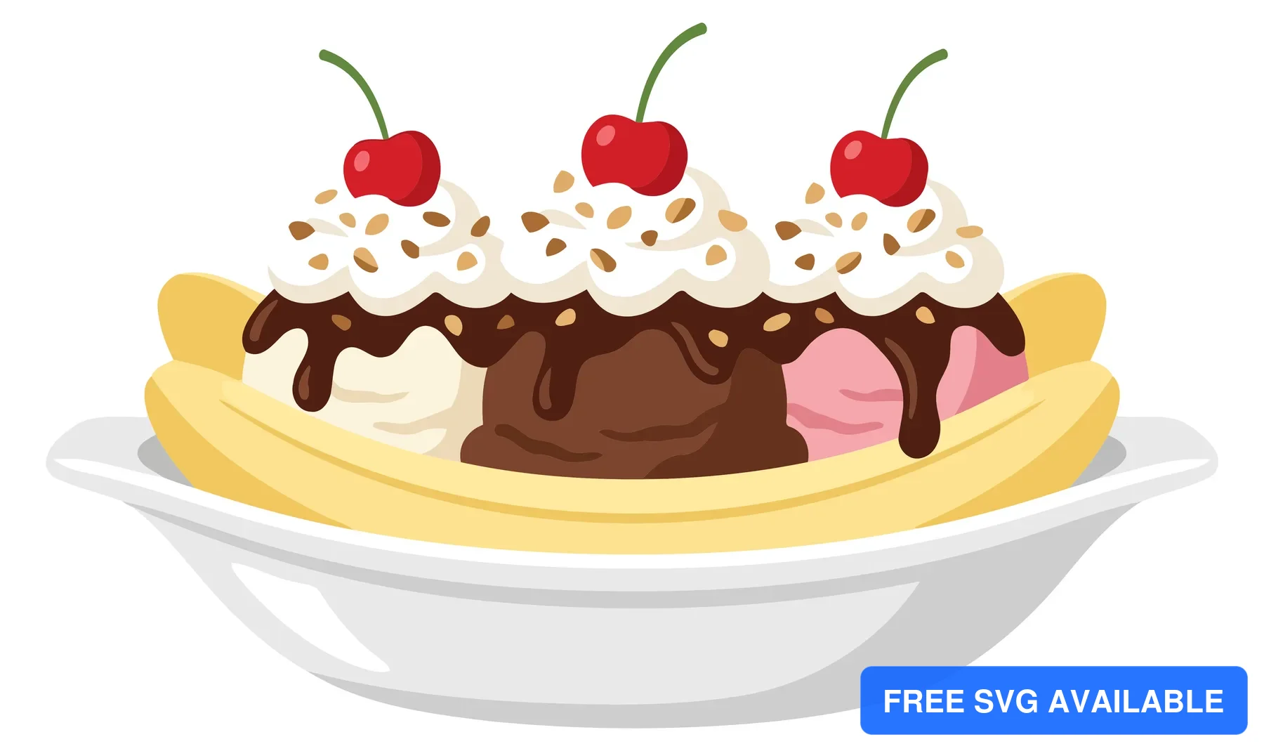 A cartoon-style illustration of a banana split dessert with whipped cream, cherries, and ice cream toppings.