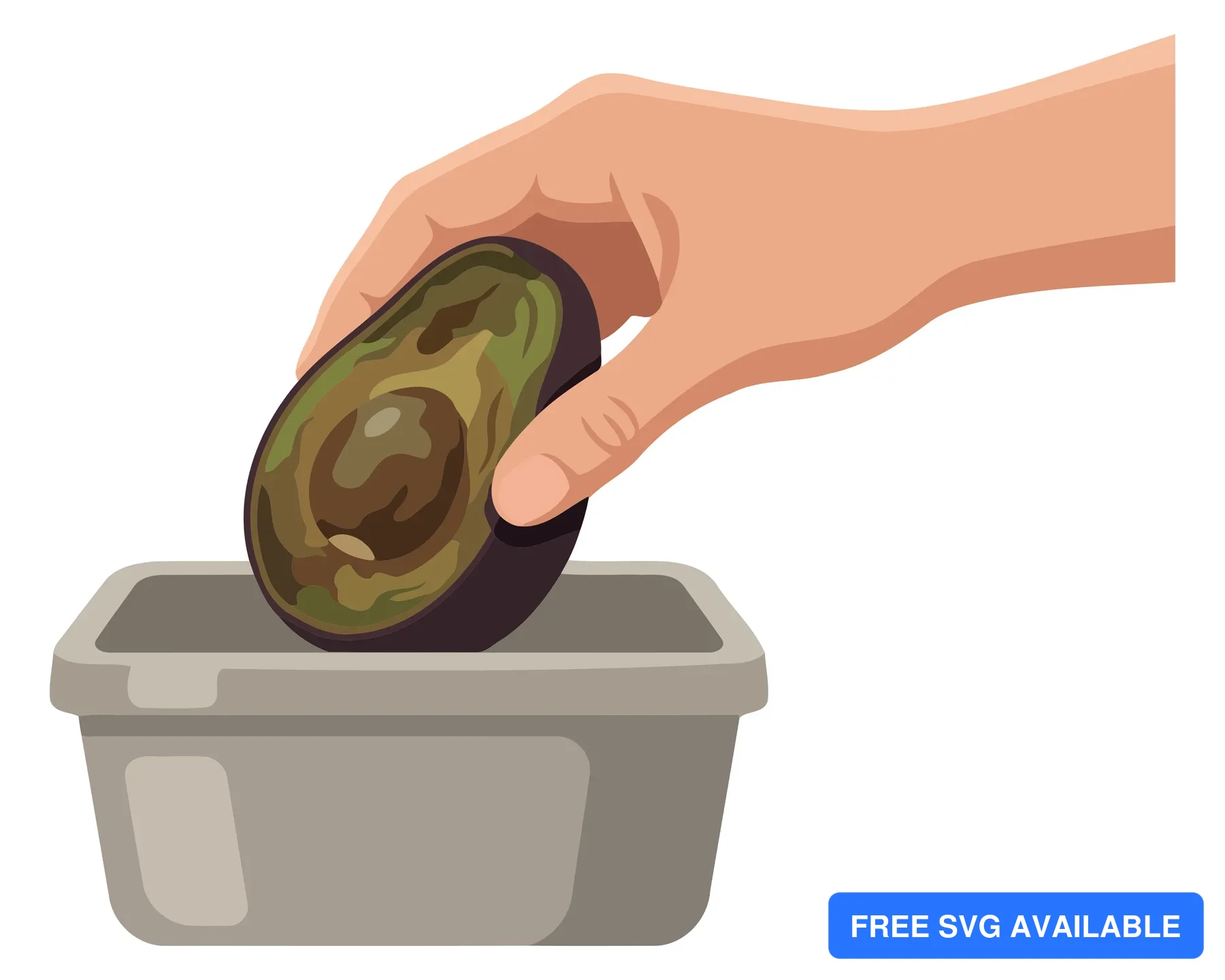A hand places an avocado into a container in a clean, flat design illustration