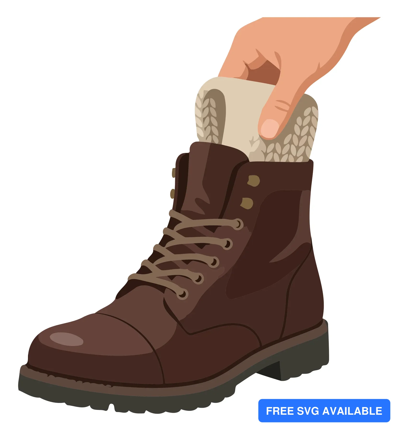 A hand placing a sock inside a brown leather boot in an illustration