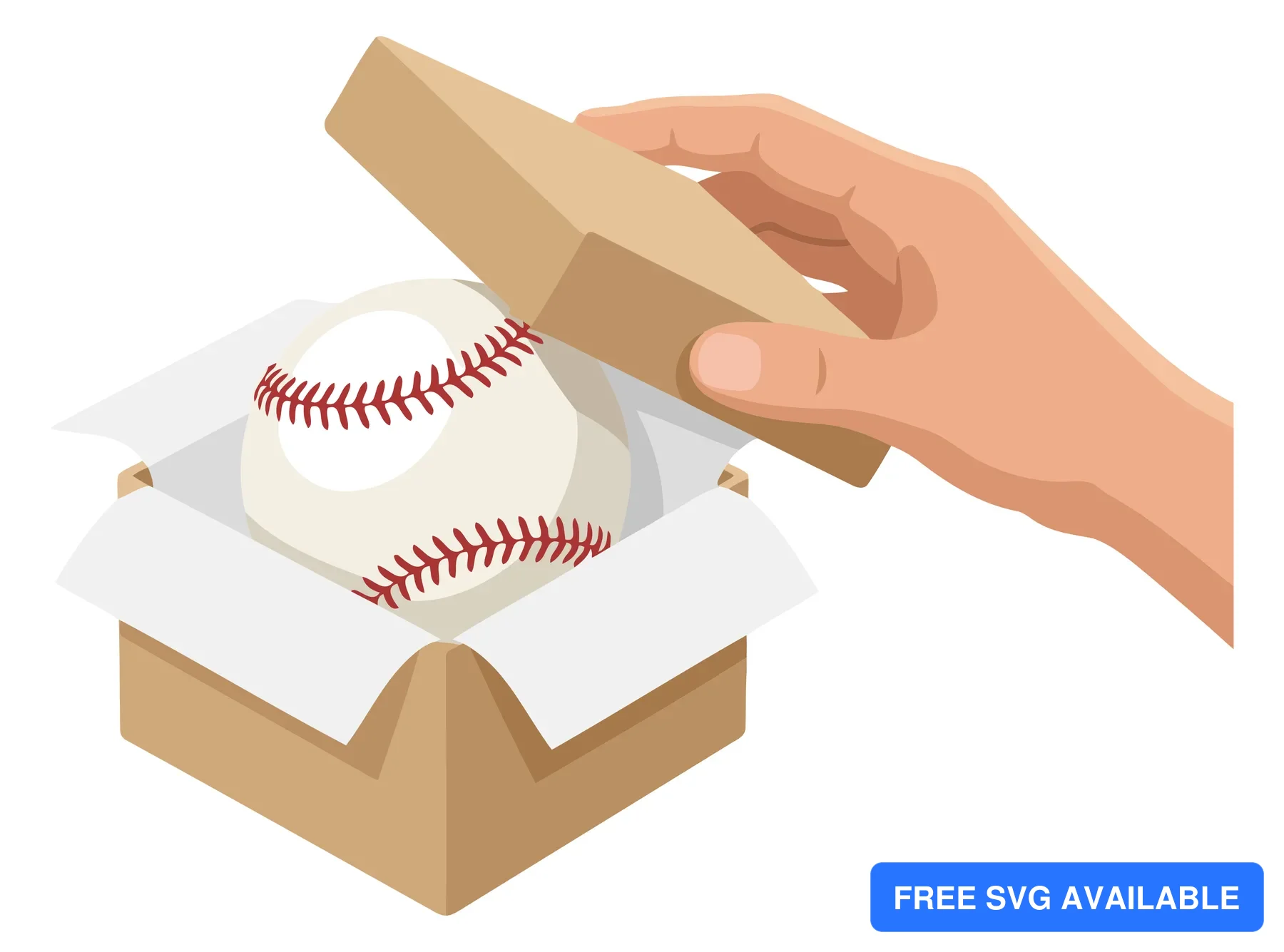 A hand lifting a cardboard box to reveal a baseball inside a flat design illustration